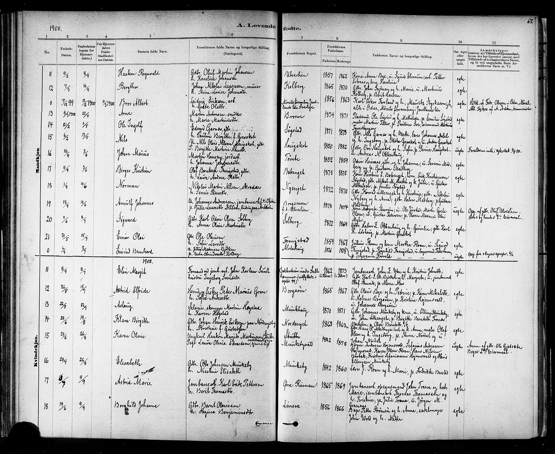 Ministerialprotokoller, klokkerbøker og fødselsregistre - Nord-Trøndelag, SAT/A-1458/721/L0208: Parish register (copy) no. 721C01, 1880-1917, p. 67