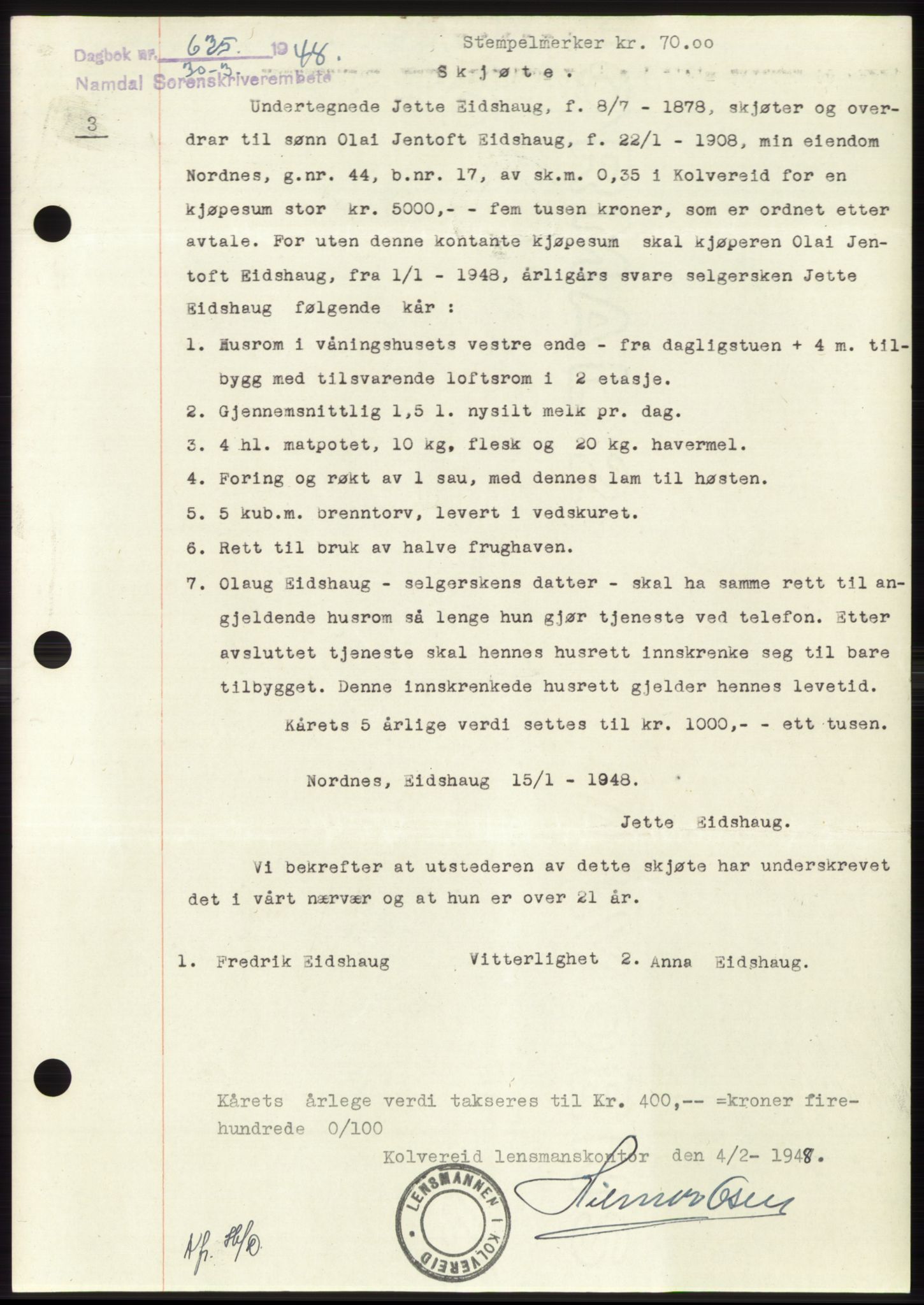 Namdal sorenskriveri, SAT/A-4133/1/2/2C: Mortgage book no. -, 1947-1948, Diary no: : 635/1948