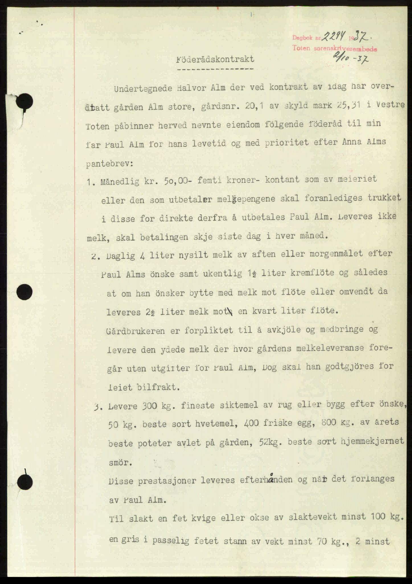 Toten tingrett, SAH/TING-006/H/Hb/Hbc/L0003: Mortgage book no. Hbc-03, 1937-1938, Diary no: : 2294/1937