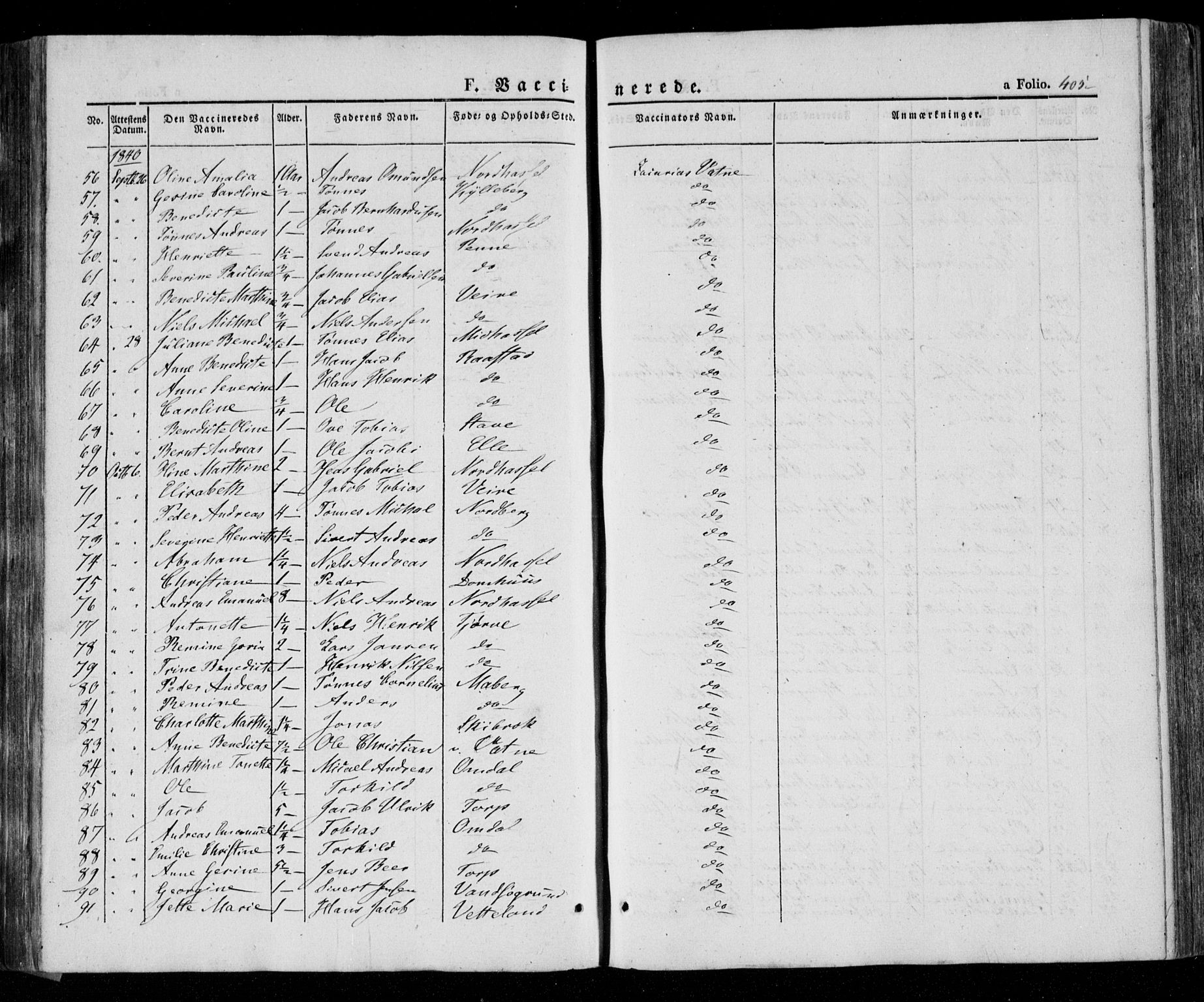 Lista sokneprestkontor, AV/SAK-1111-0027/F/Fa/L0009: Parish register (official) no. A 9, 1835-1846, p. 405