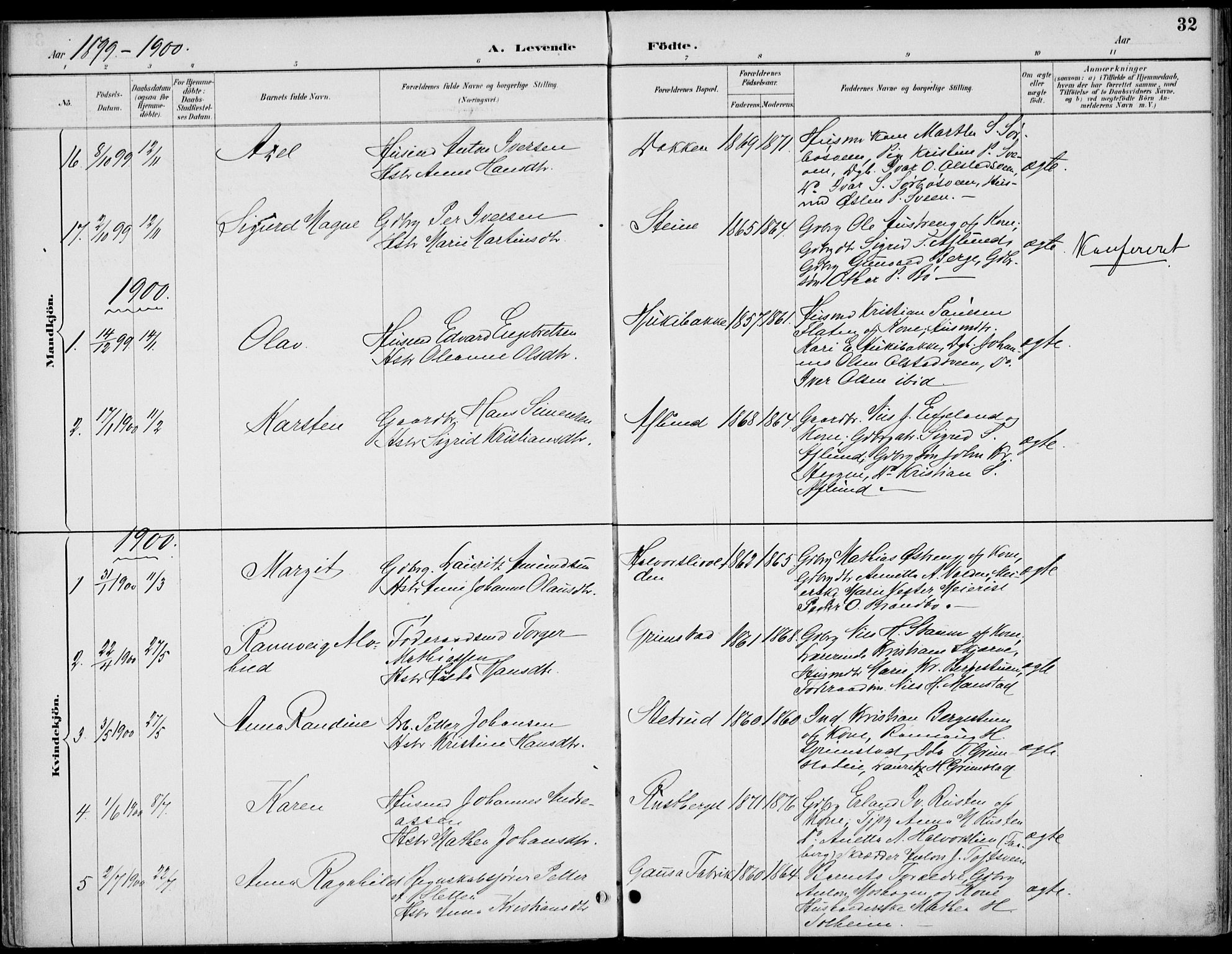 Østre Gausdal prestekontor, AV/SAH-PREST-092/H/Ha/Haa/L0003: Parish register (official) no. 3, 1887-1901, p. 32