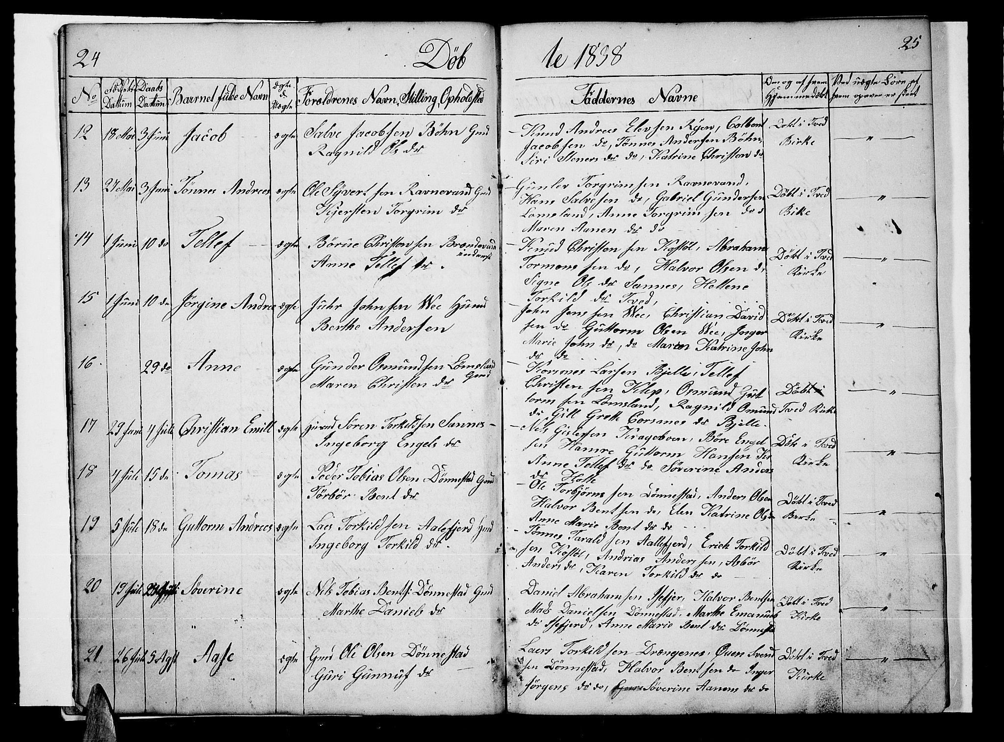 Tveit sokneprestkontor, SAK/1111-0043/F/Fb/L0002: Parish register (copy) no. B 2, 1835-1854, p. 24-25