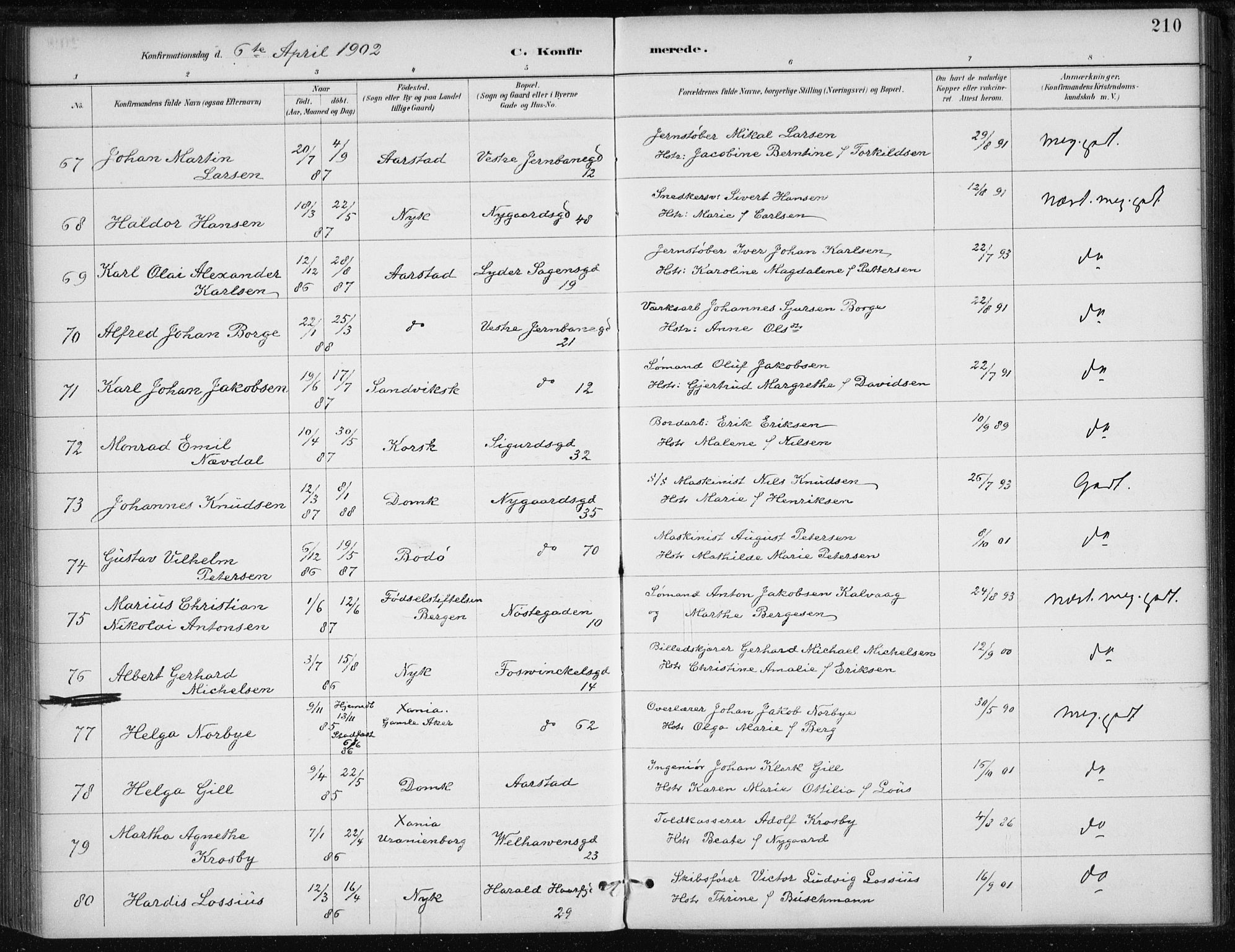 Johanneskirken sokneprestembete, AV/SAB-A-76001/H/Haa/L0008: Parish register (official) no. C 1, 1885-1907, p. 210