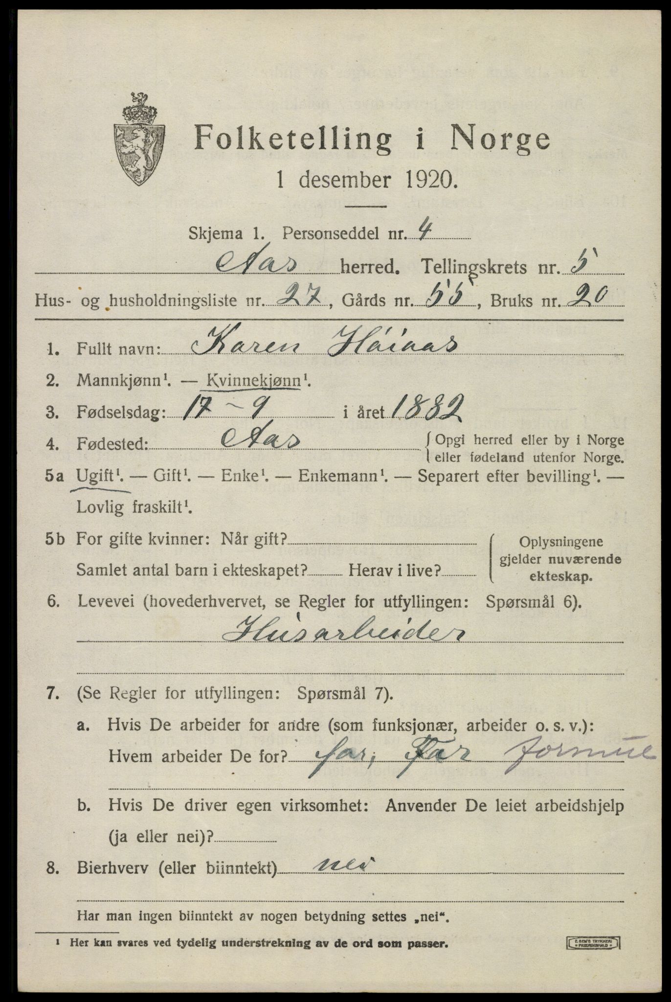 SAO, 1920 census for Ås, 1920, p. 6204