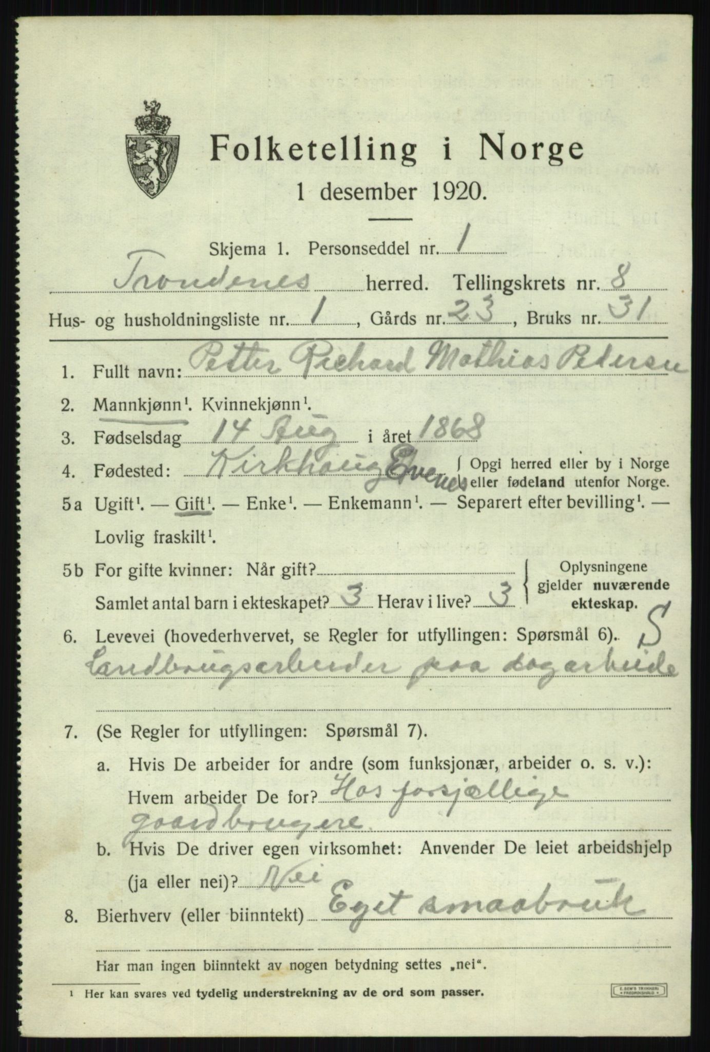 SATØ, 1920 census for Trondenes, 1920, p. 6907