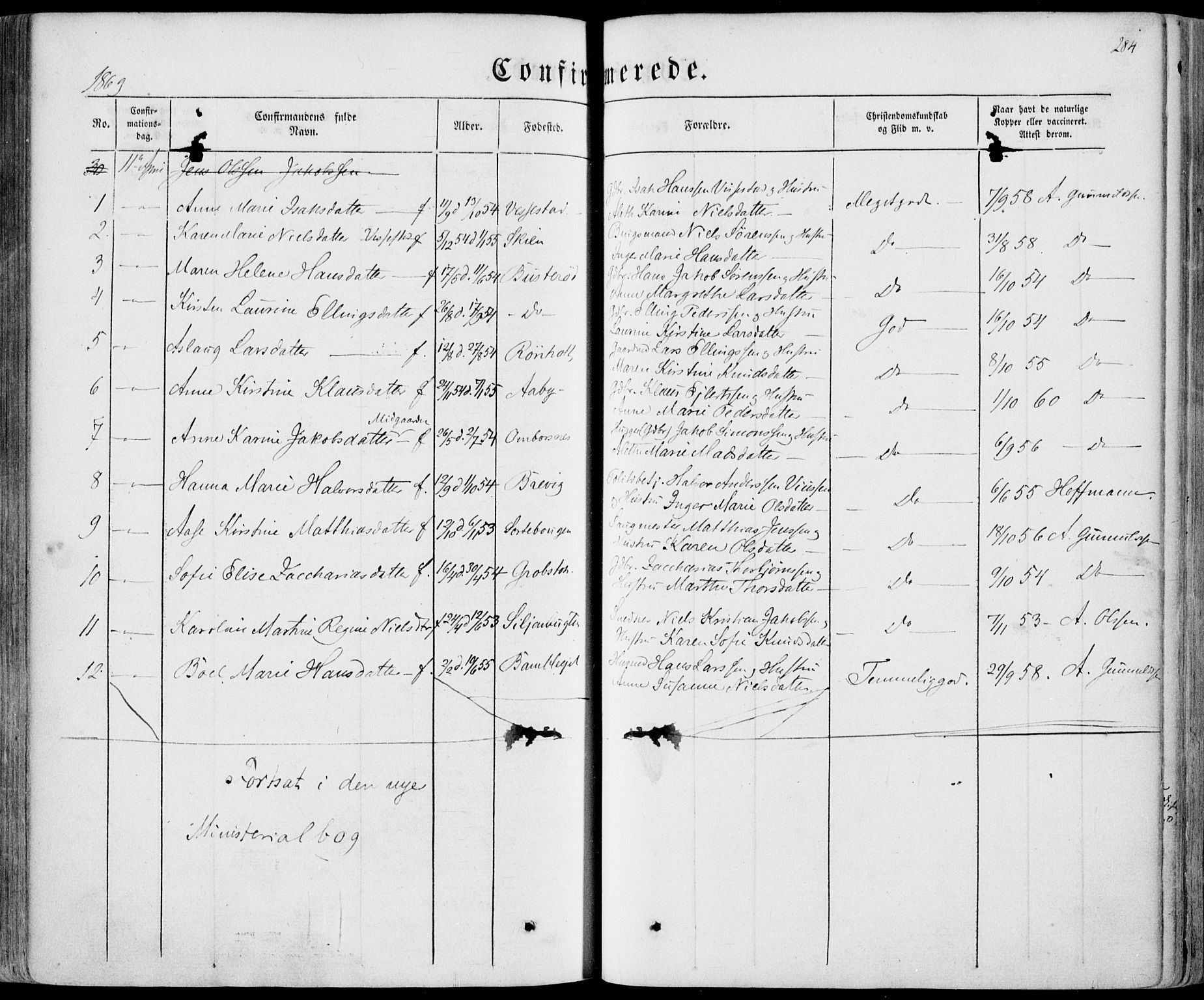 Bamble kirkebøker, AV/SAKO-A-253/F/Fa/L0005: Parish register (official) no. I 5, 1854-1869, p. 284