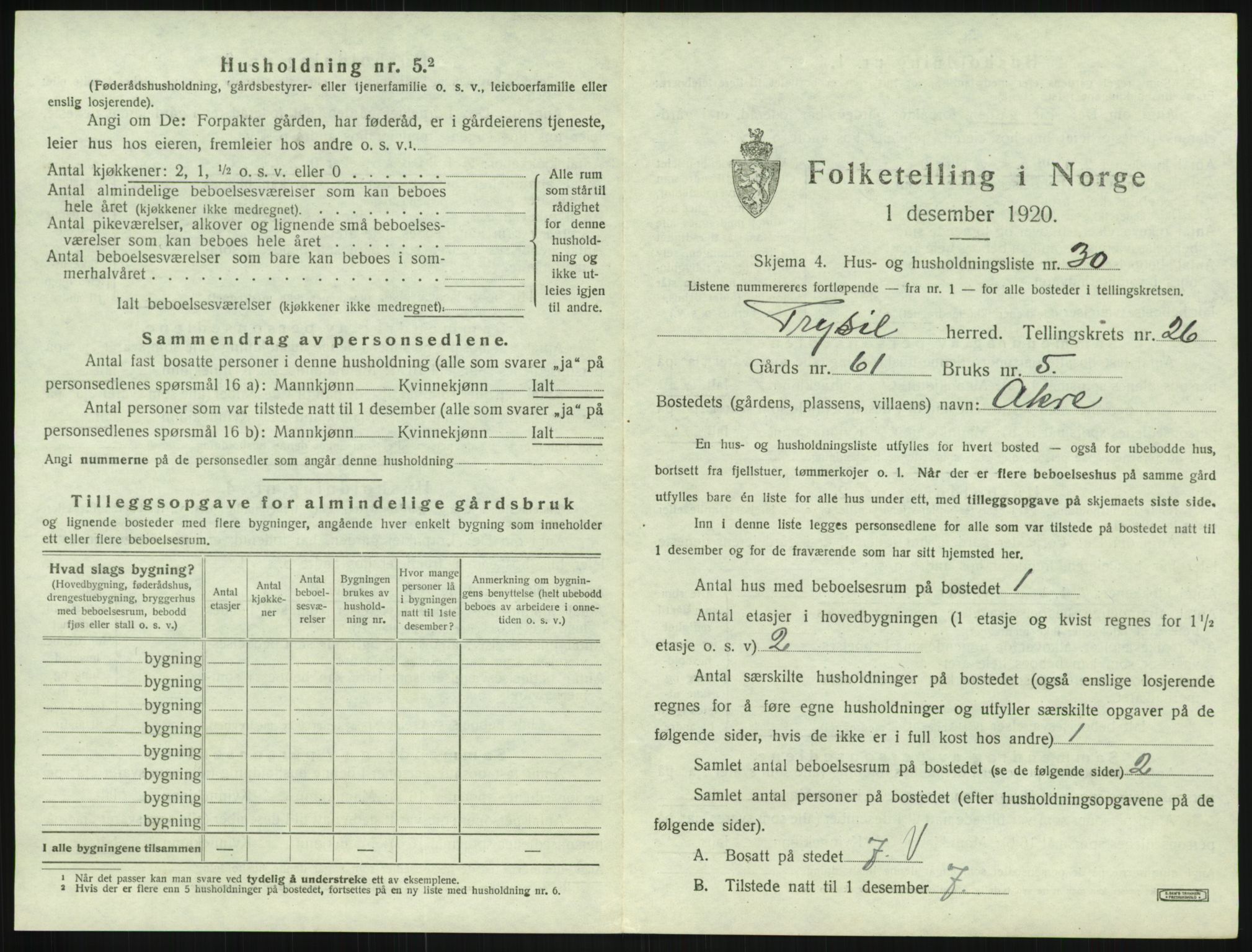 SAH, 1920 census for Trysil, 1920, p. 2513