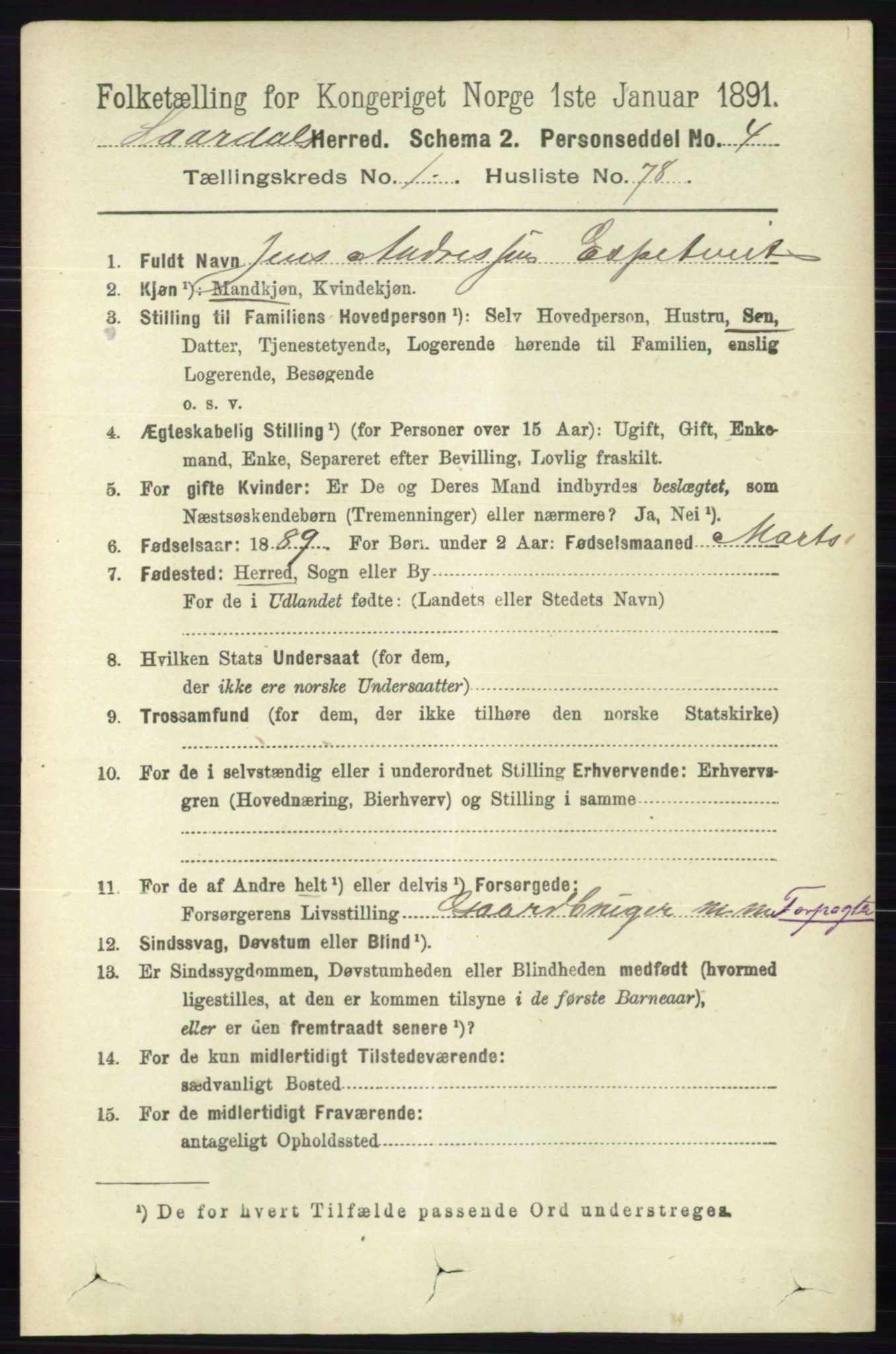 RA, 1891 census for 0833 Lårdal, 1891, p. 564