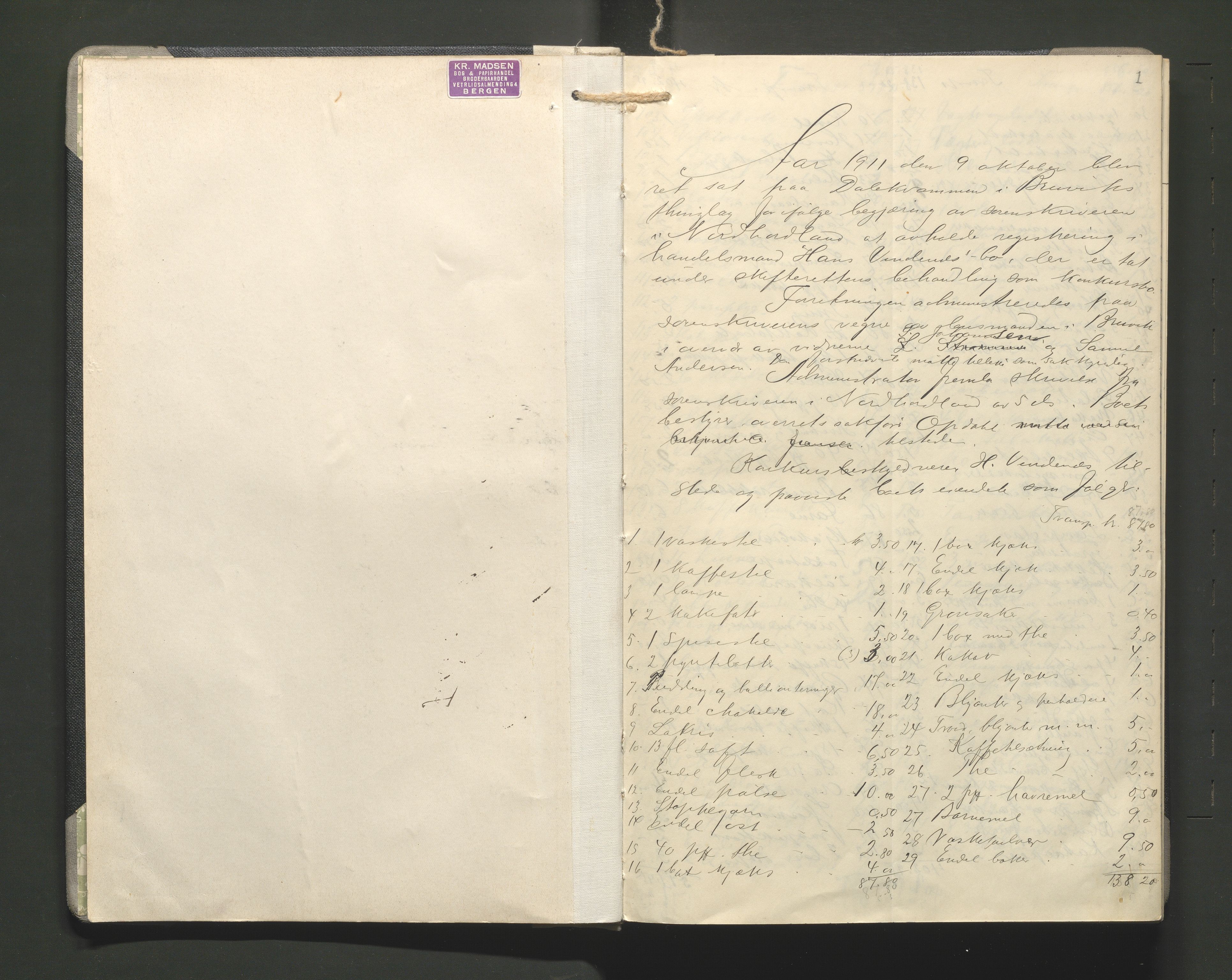 Lensmannen i Bruvik, AV/SAB-A-31301/0006/L0004: Registreringsprotokoll, 1911-1930, p. 1a
