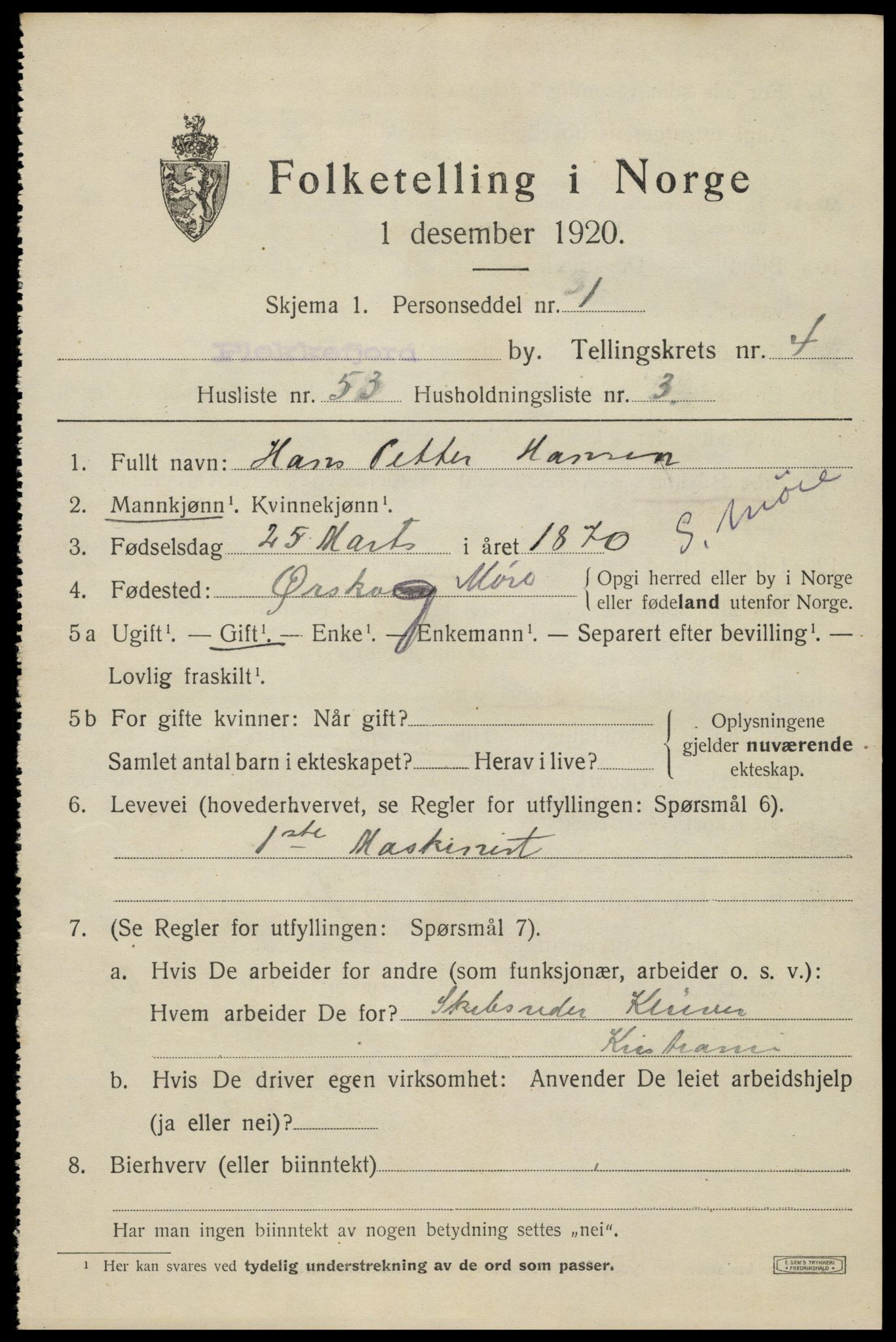 SAK, 1920 census for Flekkefjord, 1920, p. 5122