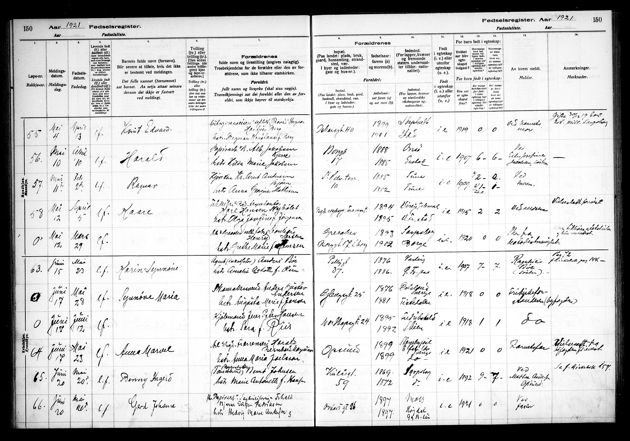 Sarpsborg prestekontor Kirkebøker, SAO/A-2006/J/Ja/L0001: Birth register no. 1, 1916-1922, p. 150