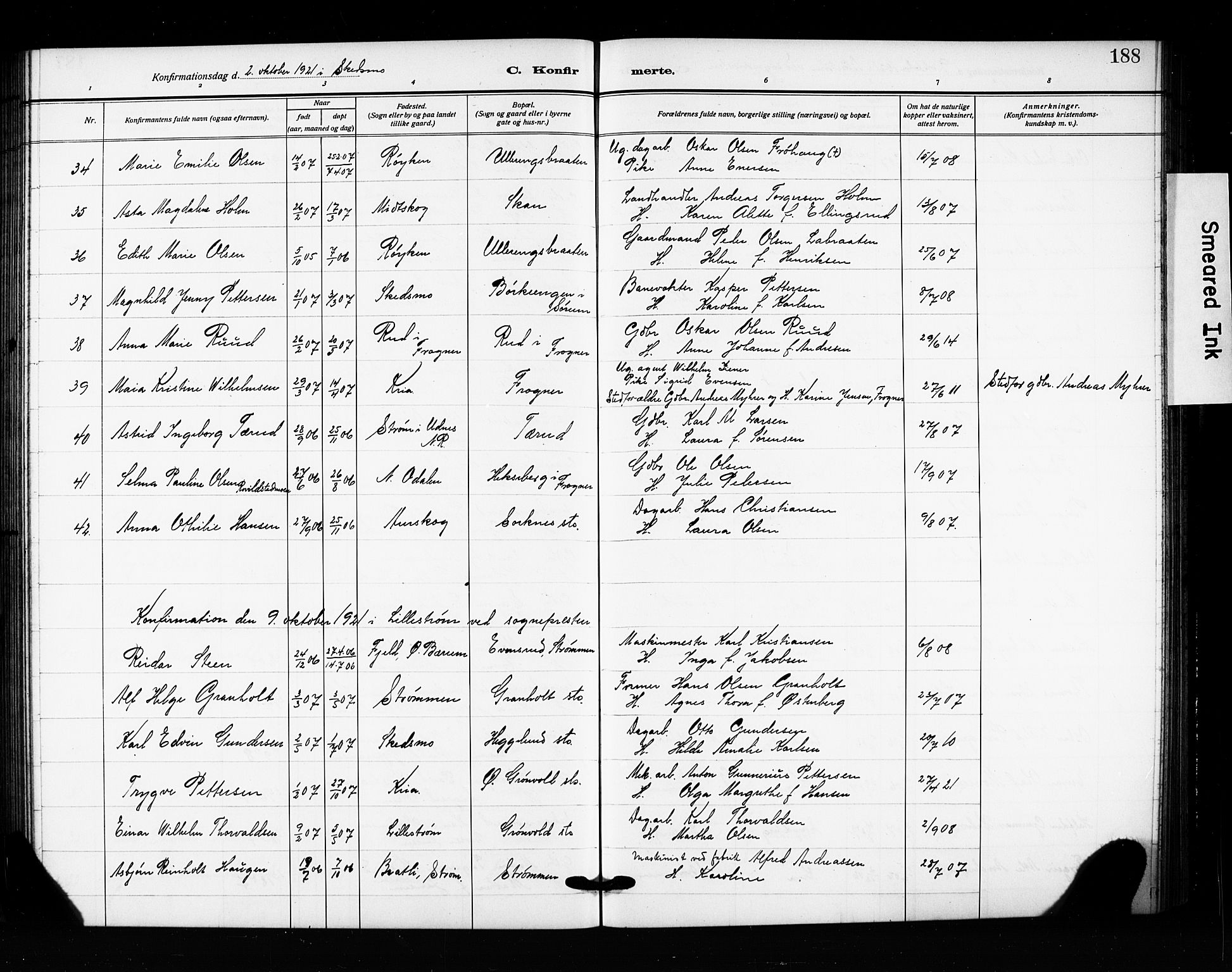 Skedsmo prestekontor Kirkebøker, SAO/A-10033a/G/Ga/L0006: Parish register (copy) no. I 6, 1912-1926, p. 188