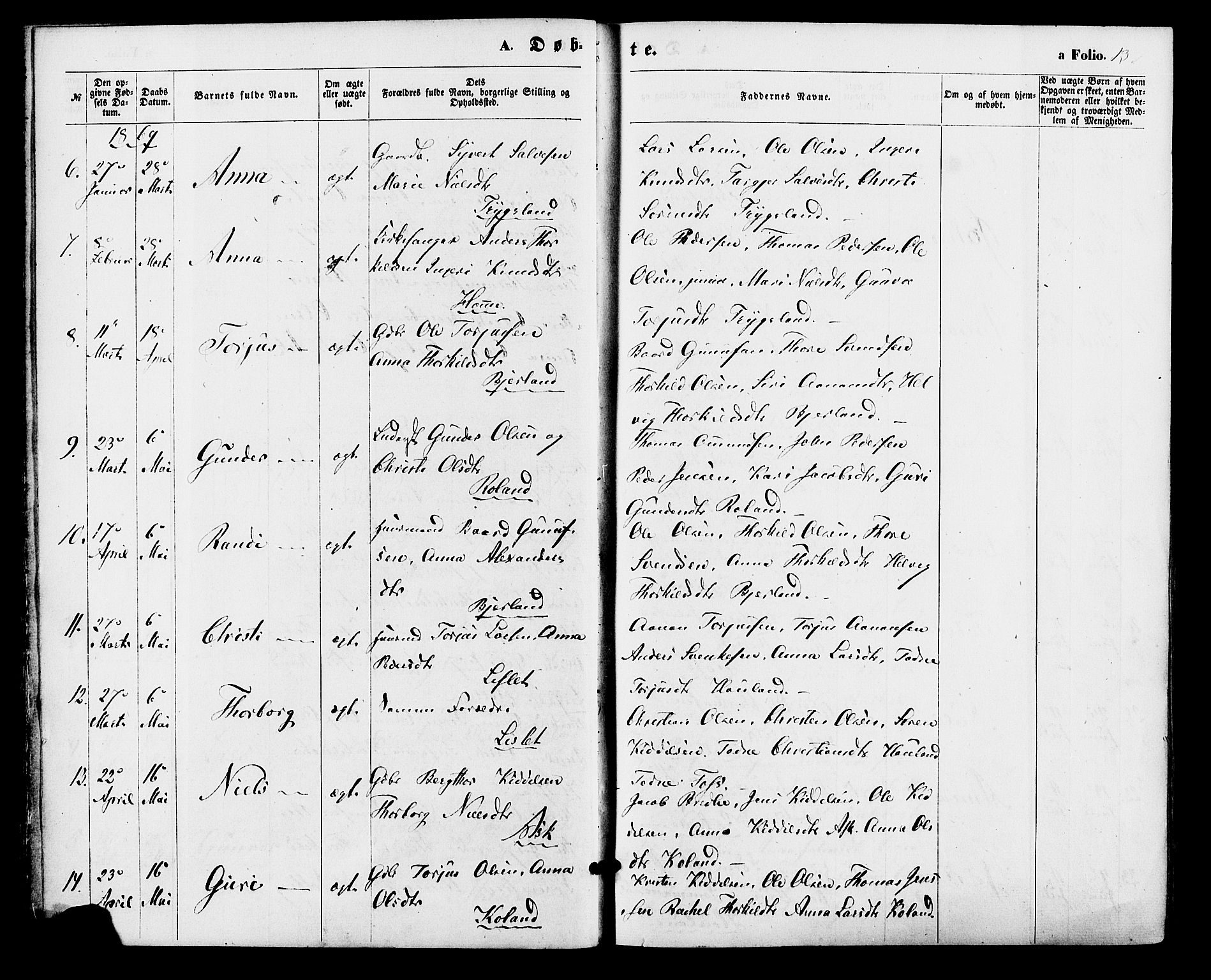 Bjelland sokneprestkontor, AV/SAK-1111-0005/F/Fa/Faa/L0003: Parish register (official) no. A 3, 1867-1887, p. 13