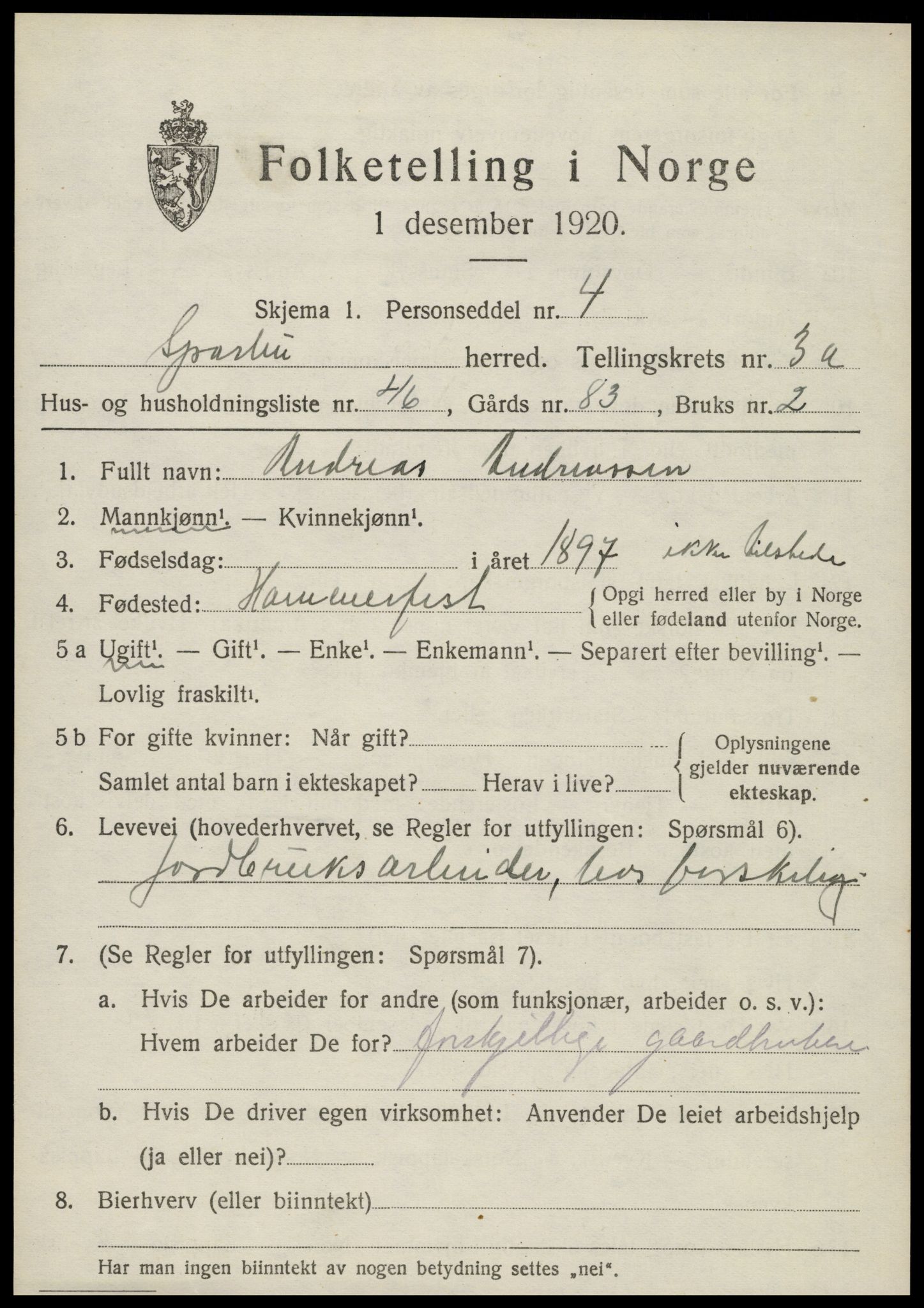 SAT, 1920 census for Sparbu, 1920, p. 4785