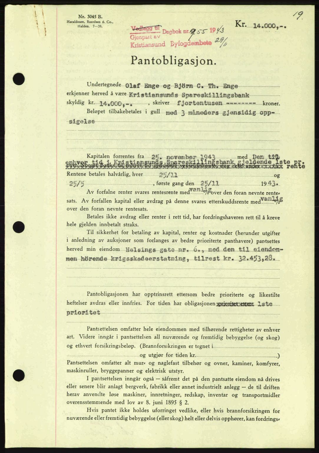 Kristiansund byfogd, SAT/A-4587/A/27: Mortgage book no. 37-38, 1943-1945, Diary no: : 955/1943