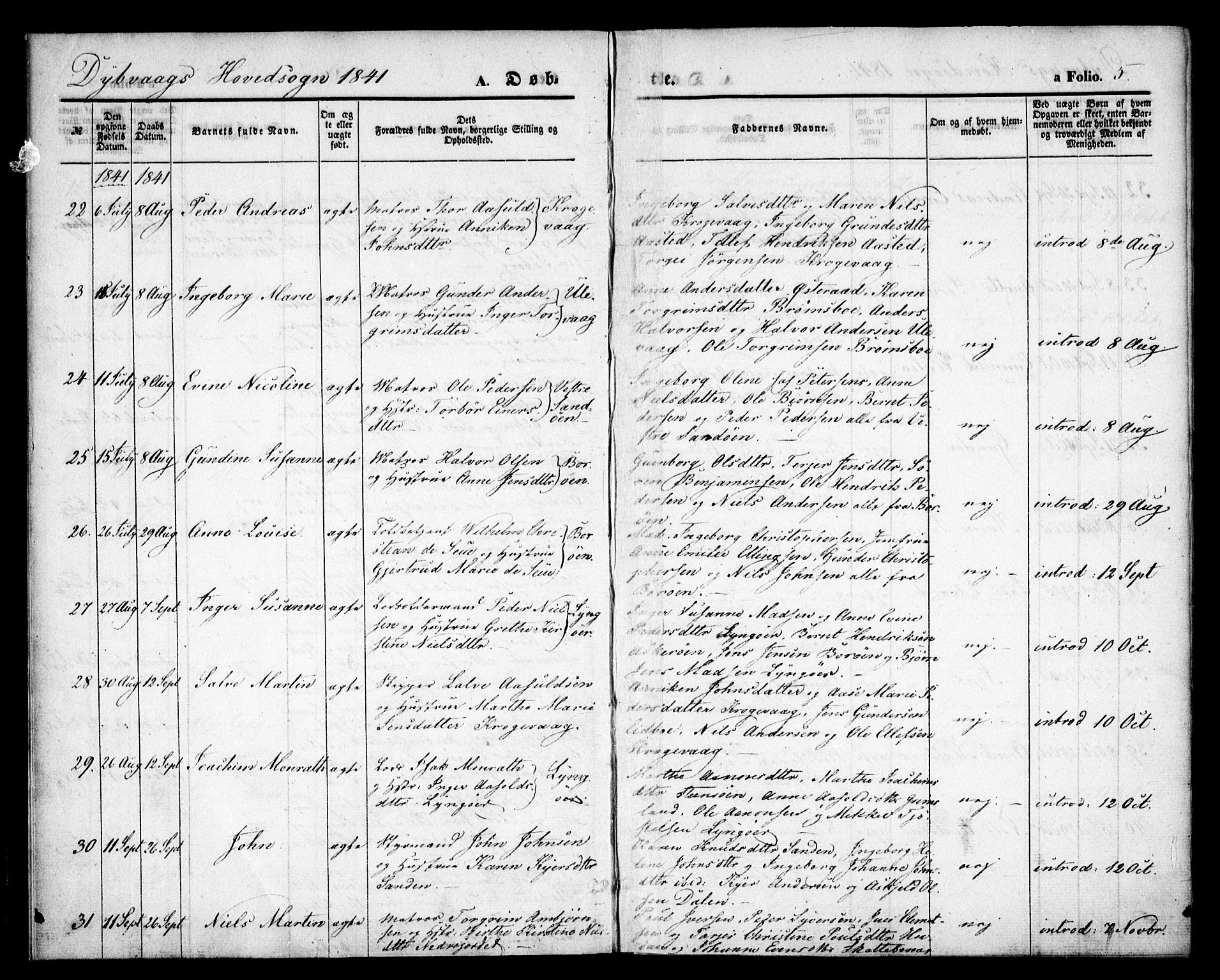 Dypvåg sokneprestkontor, AV/SAK-1111-0007/F/Fa/Faa/L0005: Parish register (official) no. A 5, 1841-1854, p. 5