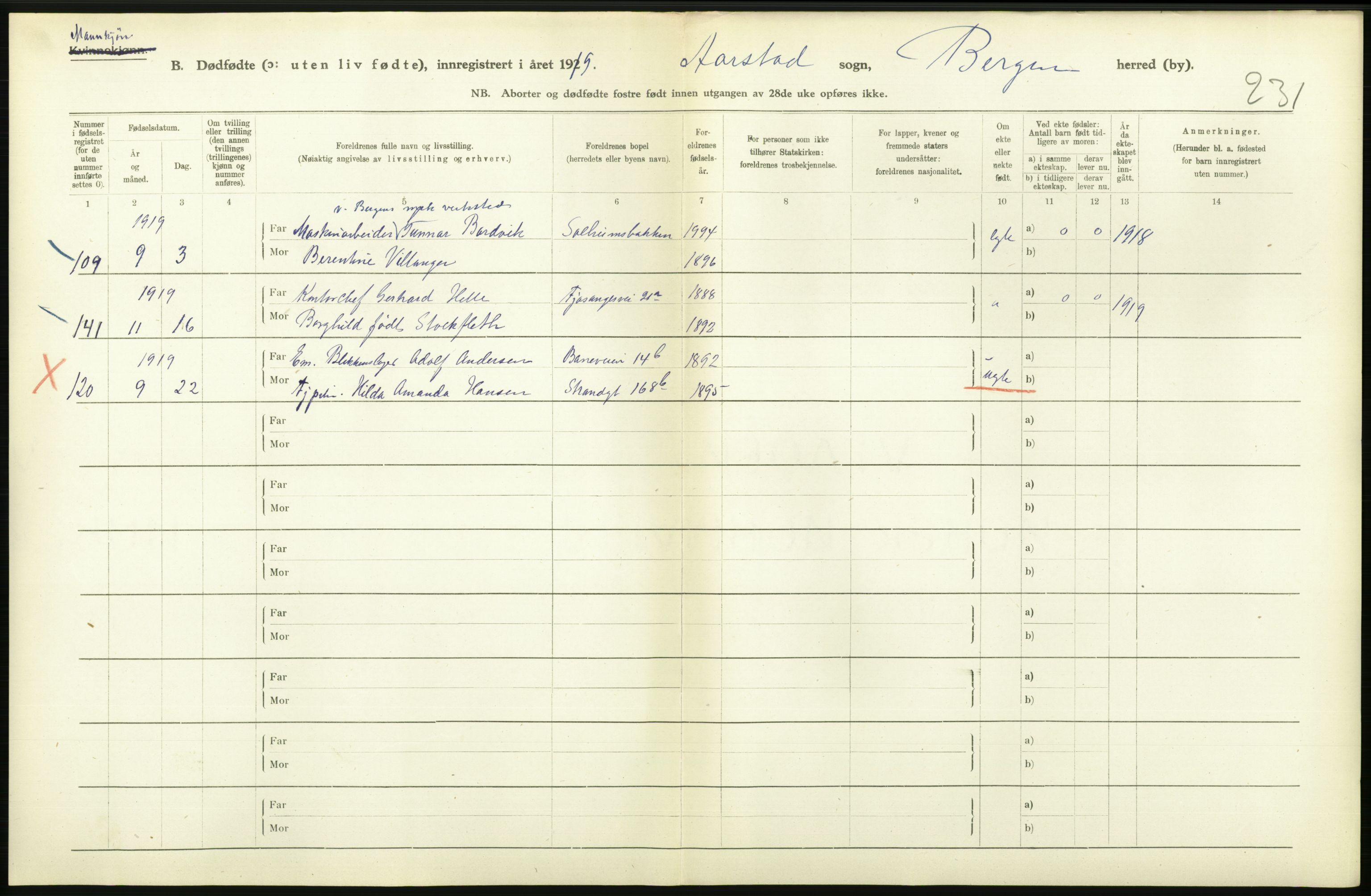 Statistisk sentralbyrå, Sosiodemografiske emner, Befolkning, AV/RA-S-2228/D/Df/Dfb/Dfbi/L0035: Bergen: Gifte, døde, dødfødte., 1919, p. 730