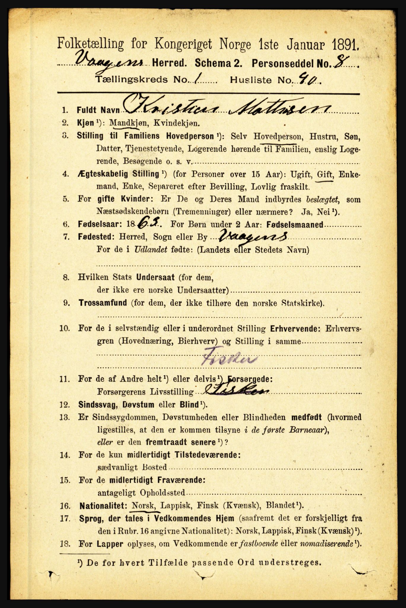 RA, 1891 census for 1865 Vågan, 1891, p. 373