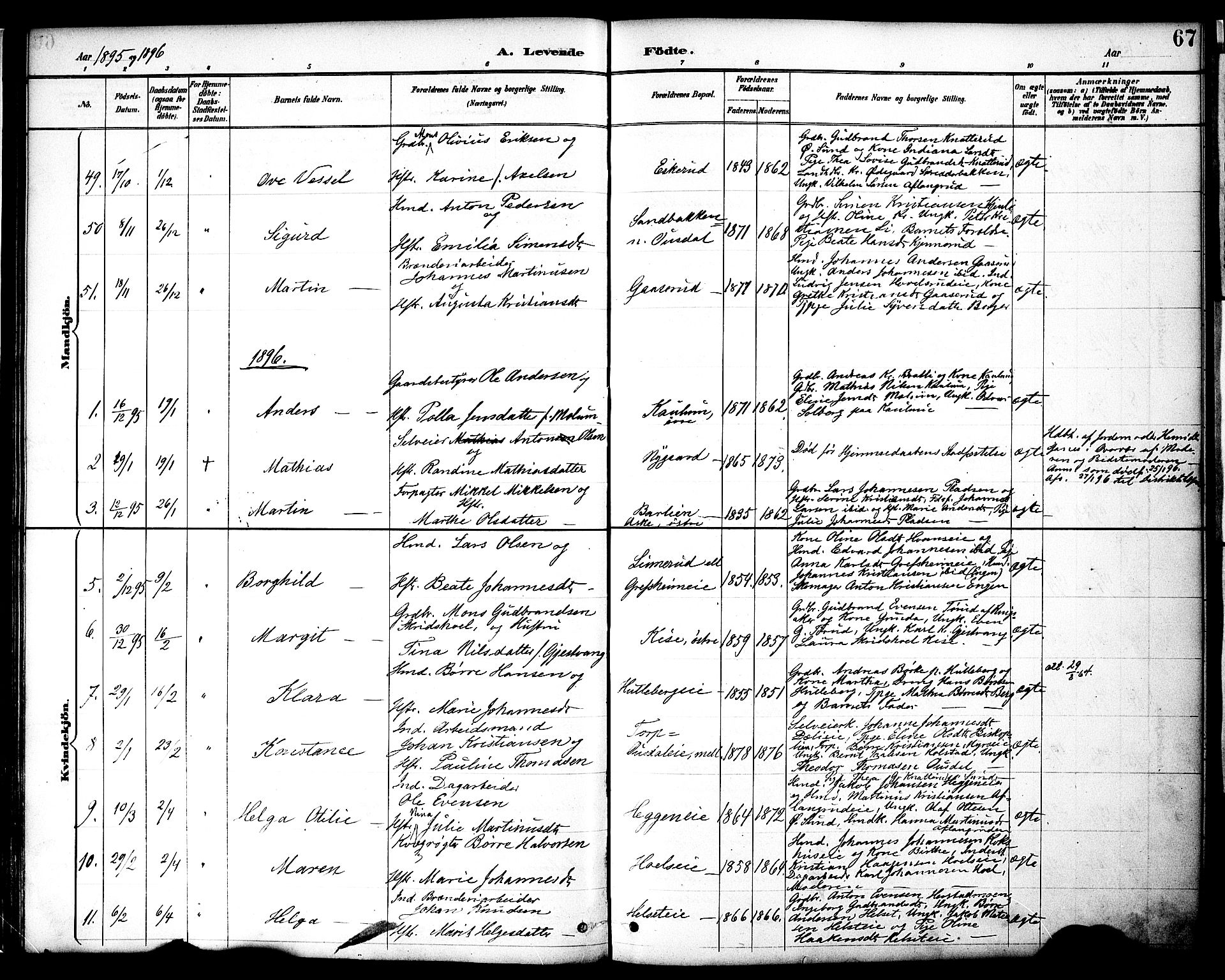 Nes prestekontor, Hedmark, AV/SAH-PREST-020/K/Ka/L0009: Parish register (official) no. 9, 1887-1905, p. 67