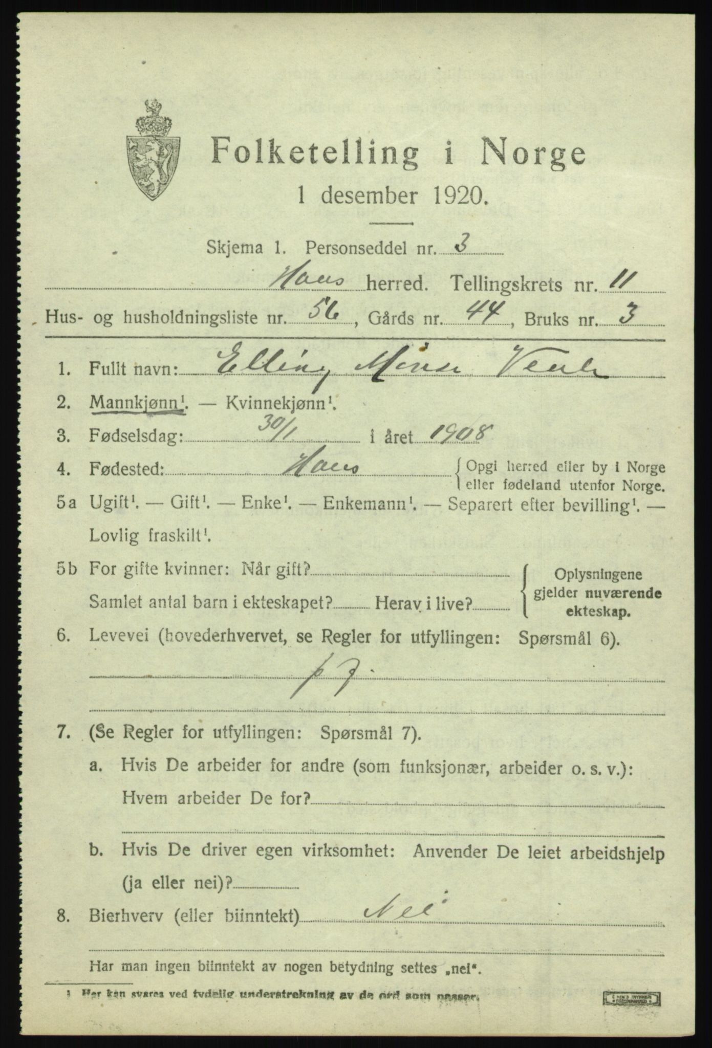 SAB, 1920 census for Haus, 1920, p. 7393
