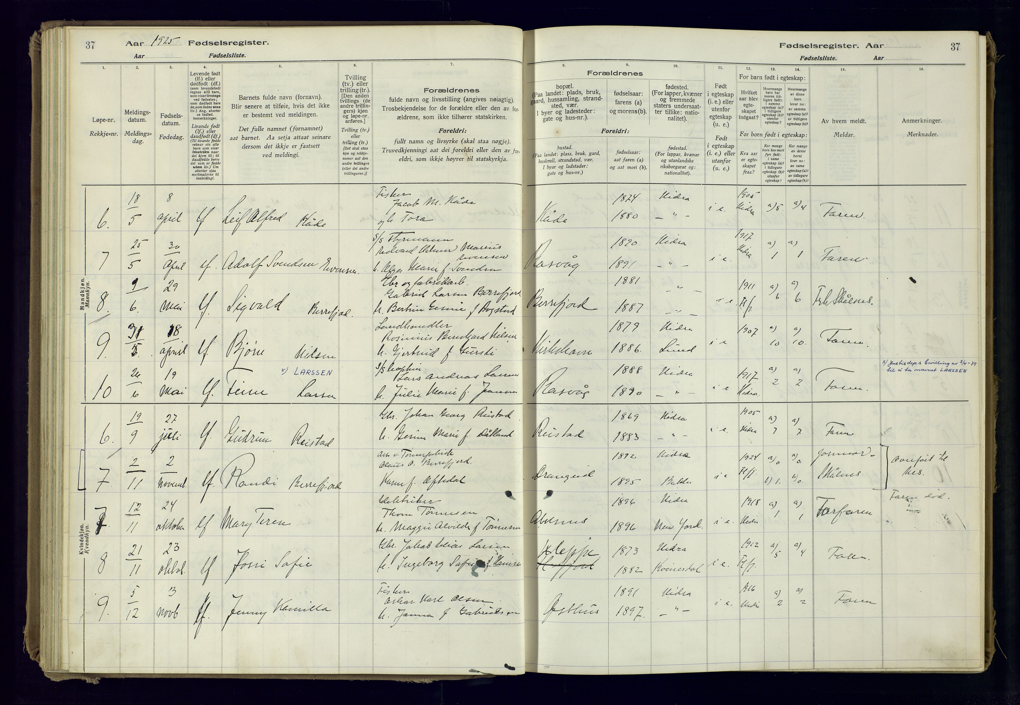 Flekkefjord sokneprestkontor, SAK/1111-0012/J/Ja/L0007: Birth register no. 7, 1916-1982, p. 37