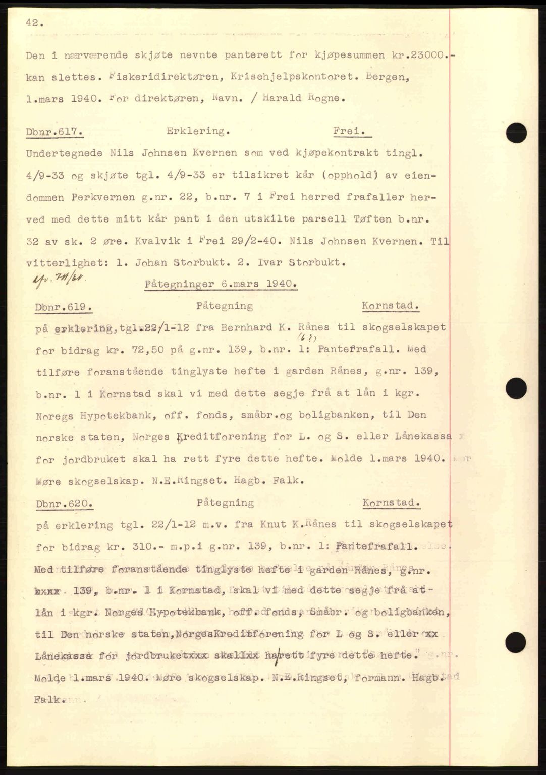 Nordmøre sorenskriveri, AV/SAT-A-4132/1/2/2Ca: Mortgage book no. C81, 1940-1945, Diary no: : 617/1940