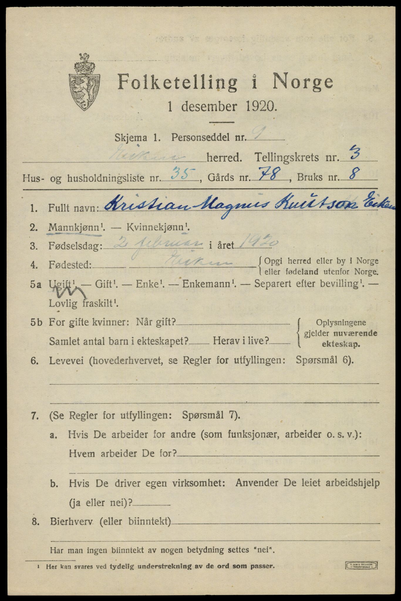 SAK, 1920 census for Eiken, 1920, p. 1271