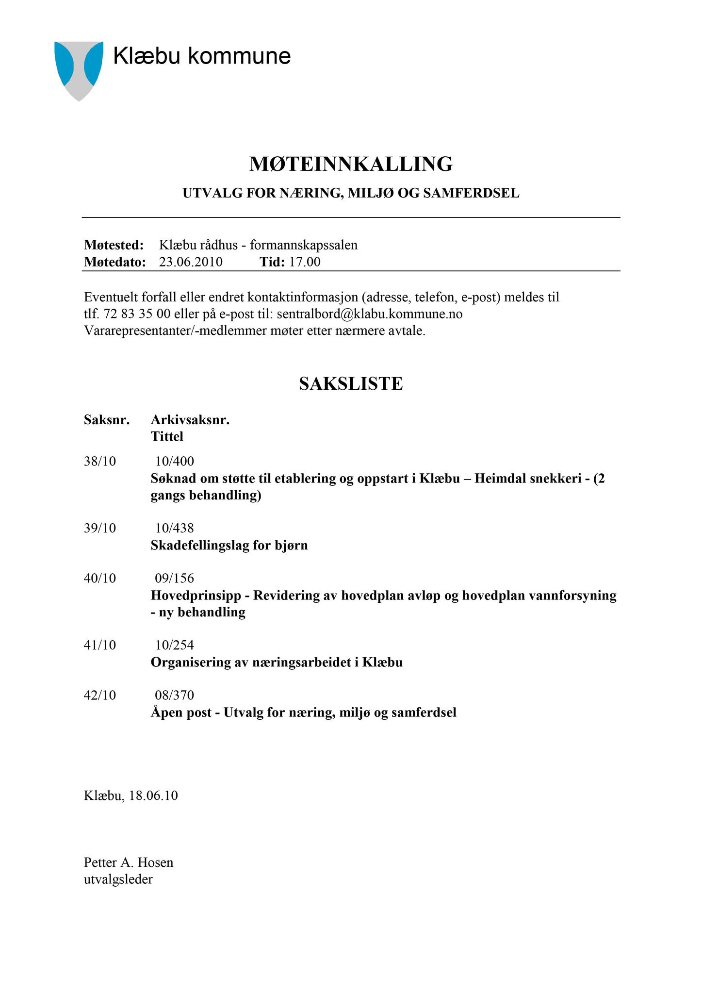 Klæbu Kommune, TRKO/KK/13-NMS/L003: Utvalg for næring, miljø og samferdsel, 2010, p. 117