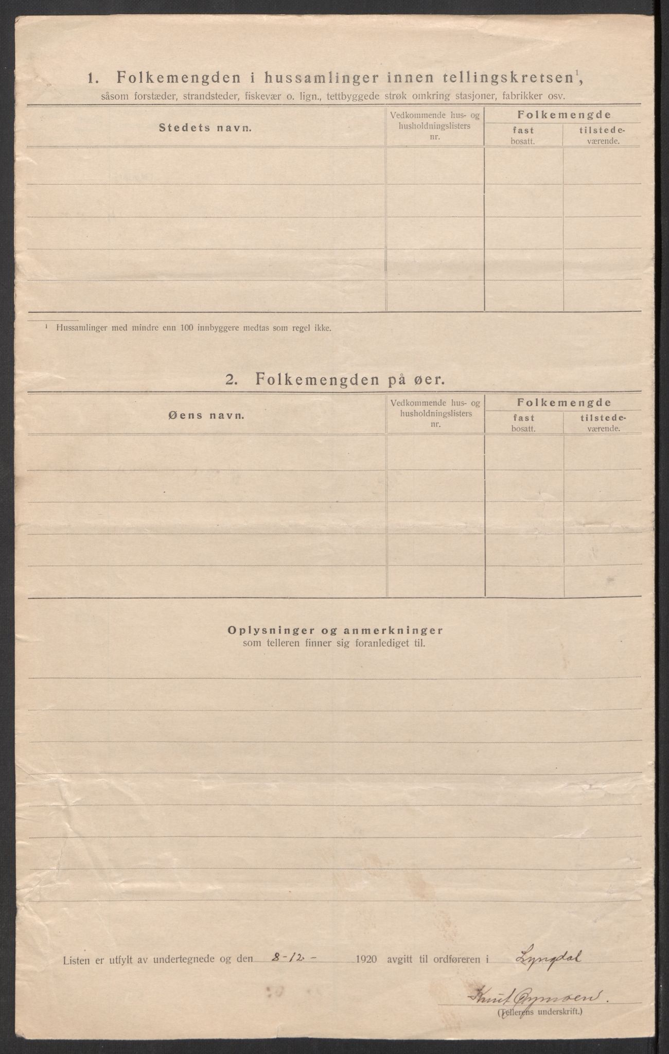 SAK, 1920 census for Lyngdal, 1920, p. 11