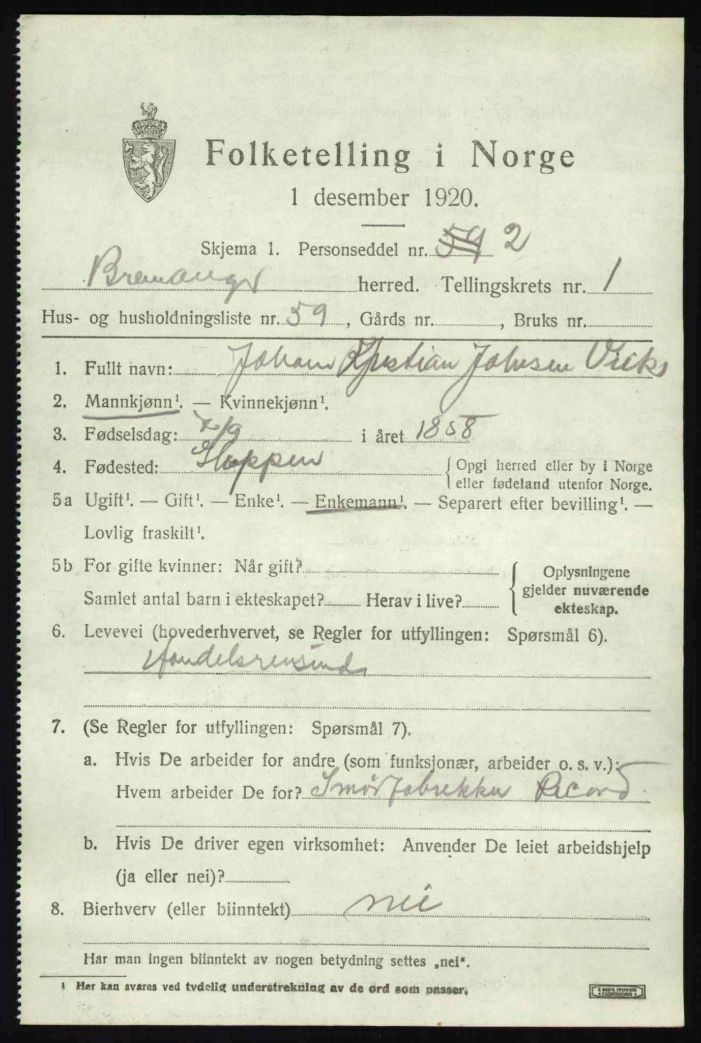 SAB, 1920 census for Bremanger, 1920, p. 1734