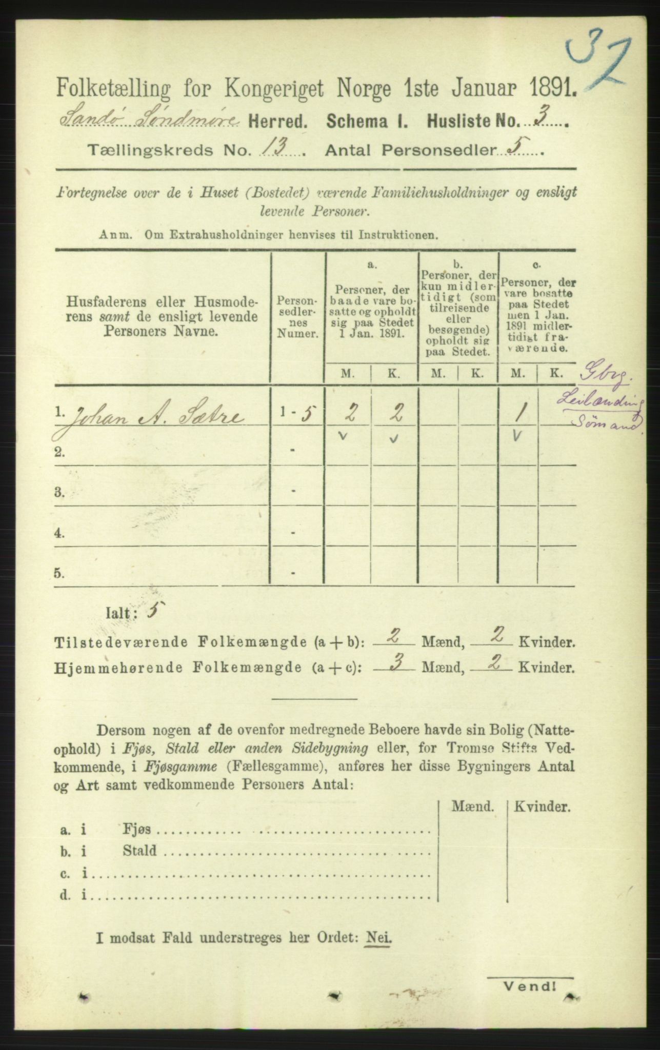 RA, 1891 census for 1514 Sande, 1891, p. 2405