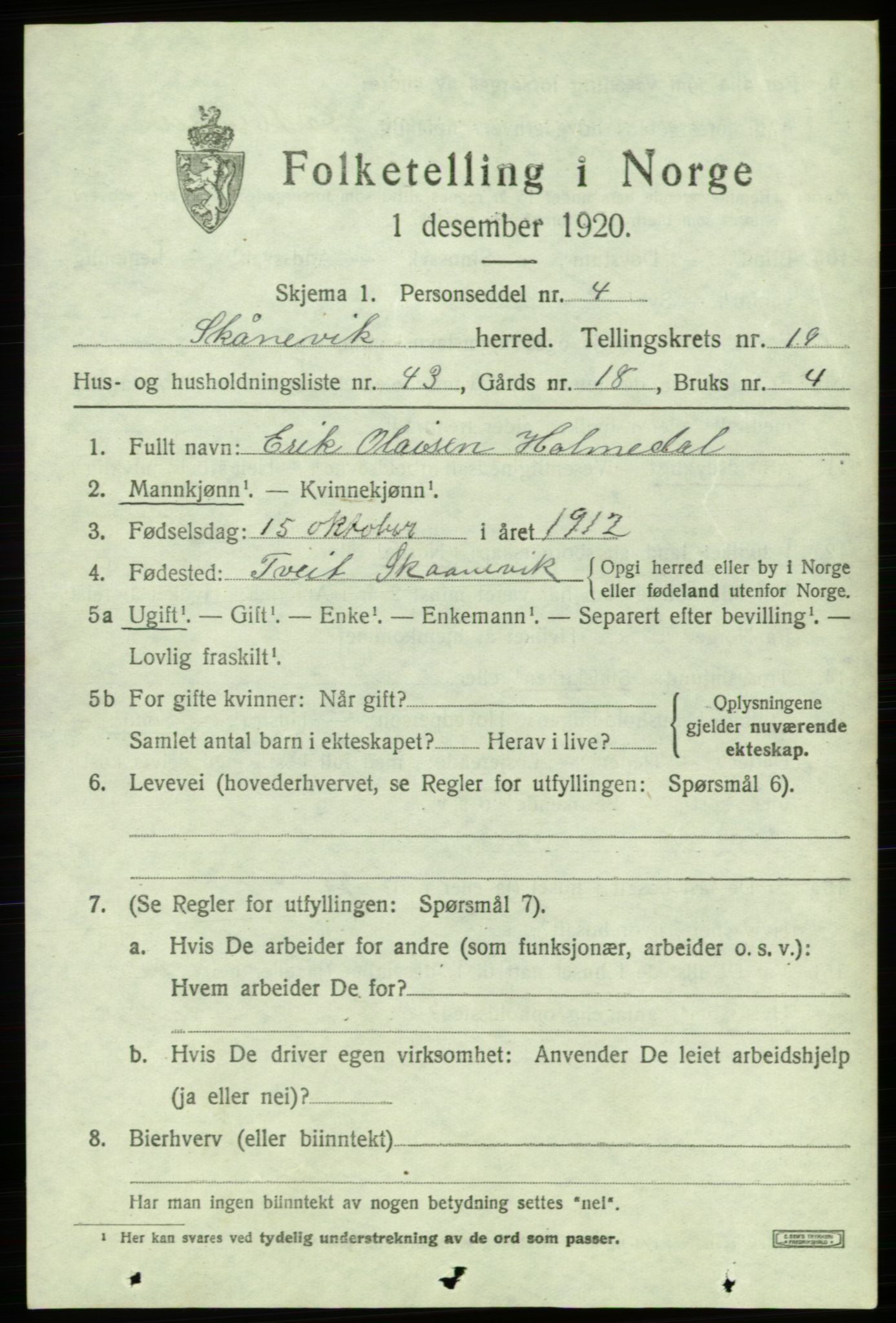 SAB, 1920 census for Skånevik, 1920, p. 7425