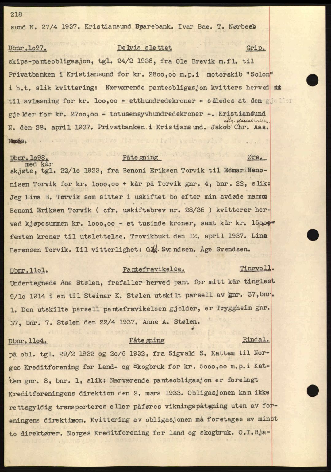 Nordmøre sorenskriveri, AV/SAT-A-4132/1/2/2Ca: Mortgage book no. C80, 1936-1939, Diary no: : 1097/1937