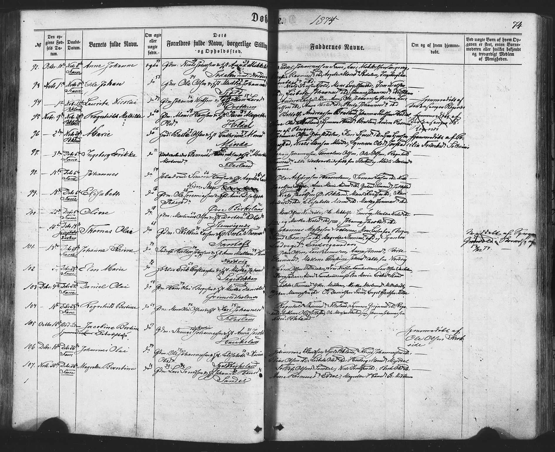 Fana Sokneprestembete, SAB/A-75101/H/Haa/Haaa/L0012: Parish register (official) no. A 12, 1862-1878, p. 74