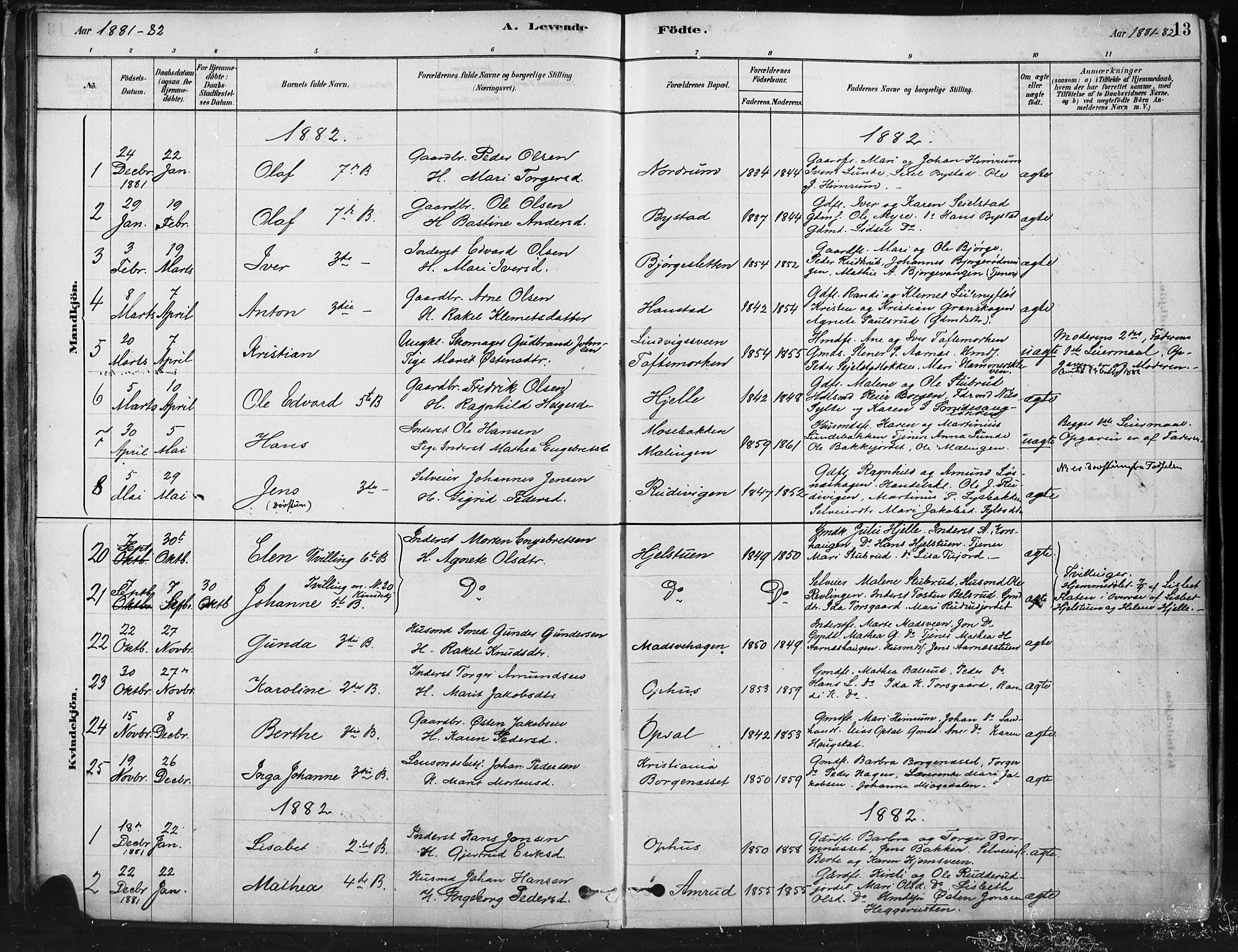 Ringebu prestekontor, SAH/PREST-082/H/Ha/Haa/L0009: Parish register (official) no. 9, 1878-1898, p. 13