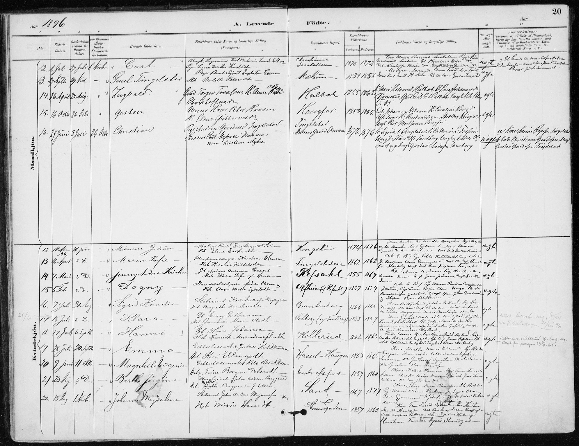 Modum kirkebøker, AV/SAKO-A-234/F/Fa/L0016: Parish register (official) no. 16, 1890-1899, p. 20