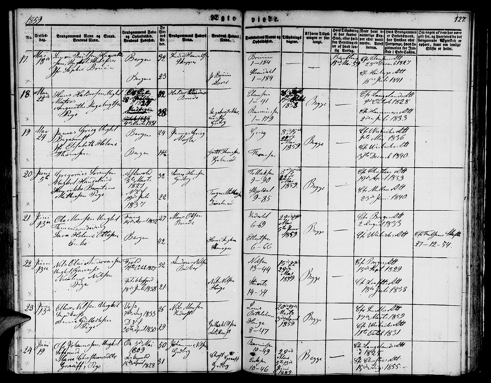 Nykirken Sokneprestembete, AV/SAB-A-77101/H/Hab: Parish register (copy) no. D 1, 1832-1867, p. 127