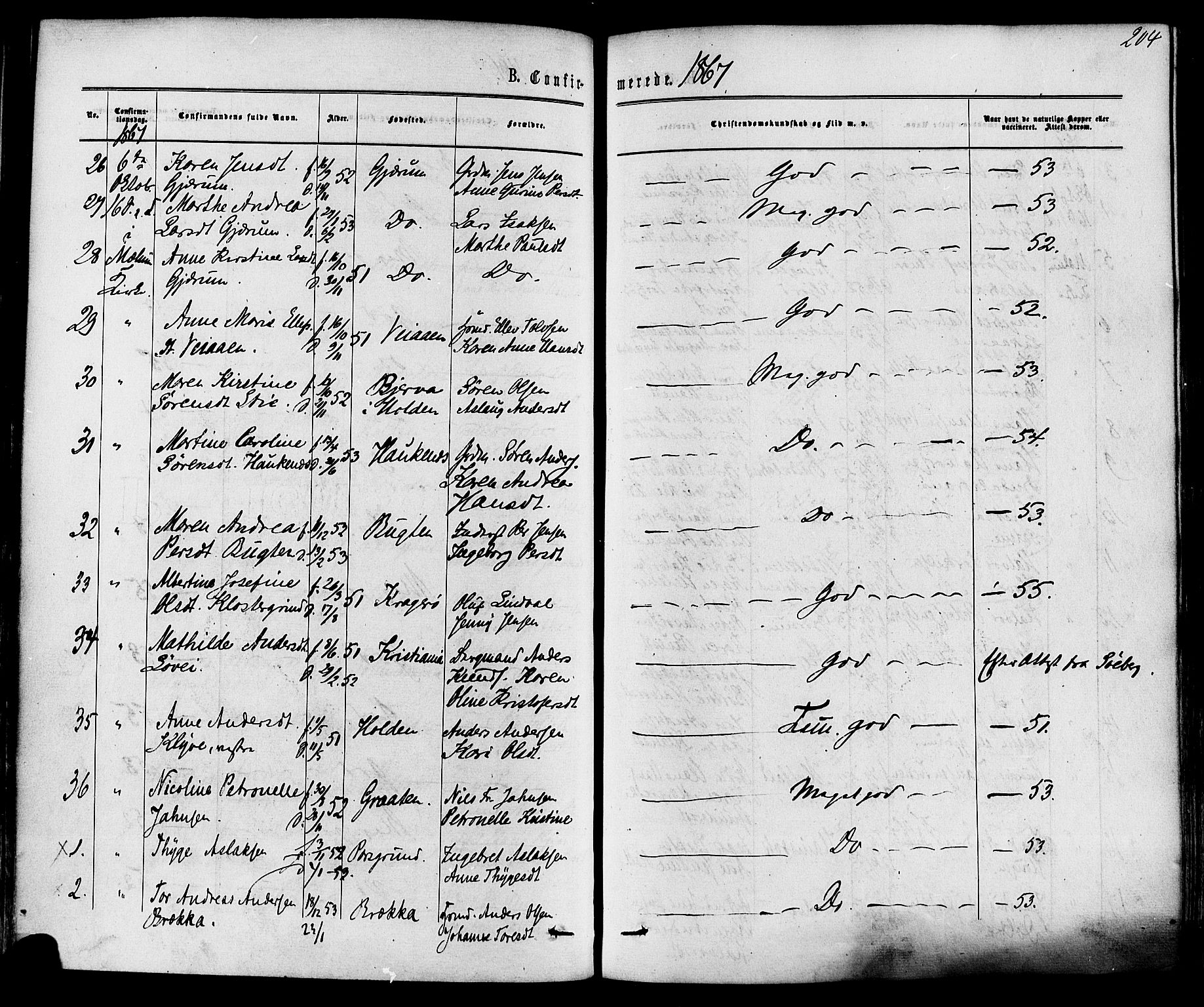 Solum kirkebøker, AV/SAKO-A-306/F/Fa/L0008: Parish register (official) no. I 8, 1865-1876, p. 204