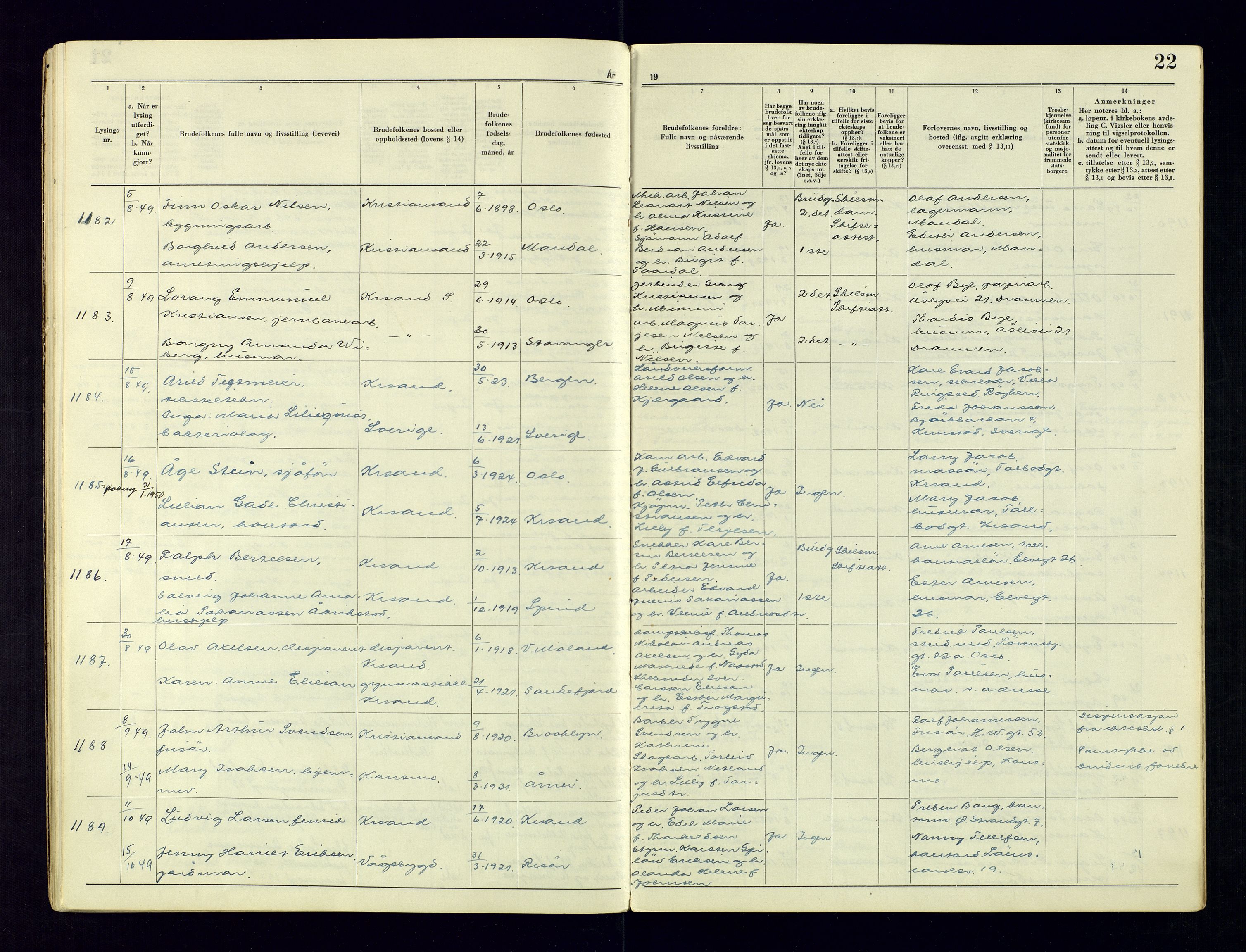 Kristiansand byrett - 2, AV/SAK-1223-0002/I/Ib/L0149/0004: Vigselbøker og lysningsbøker / Lysningsbok, 1946-1961, p. 22