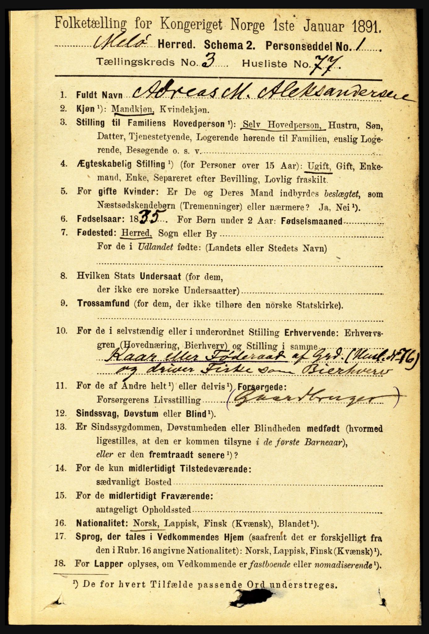 RA, 1891 census for 1837 Meløy, 1891, p. 1415