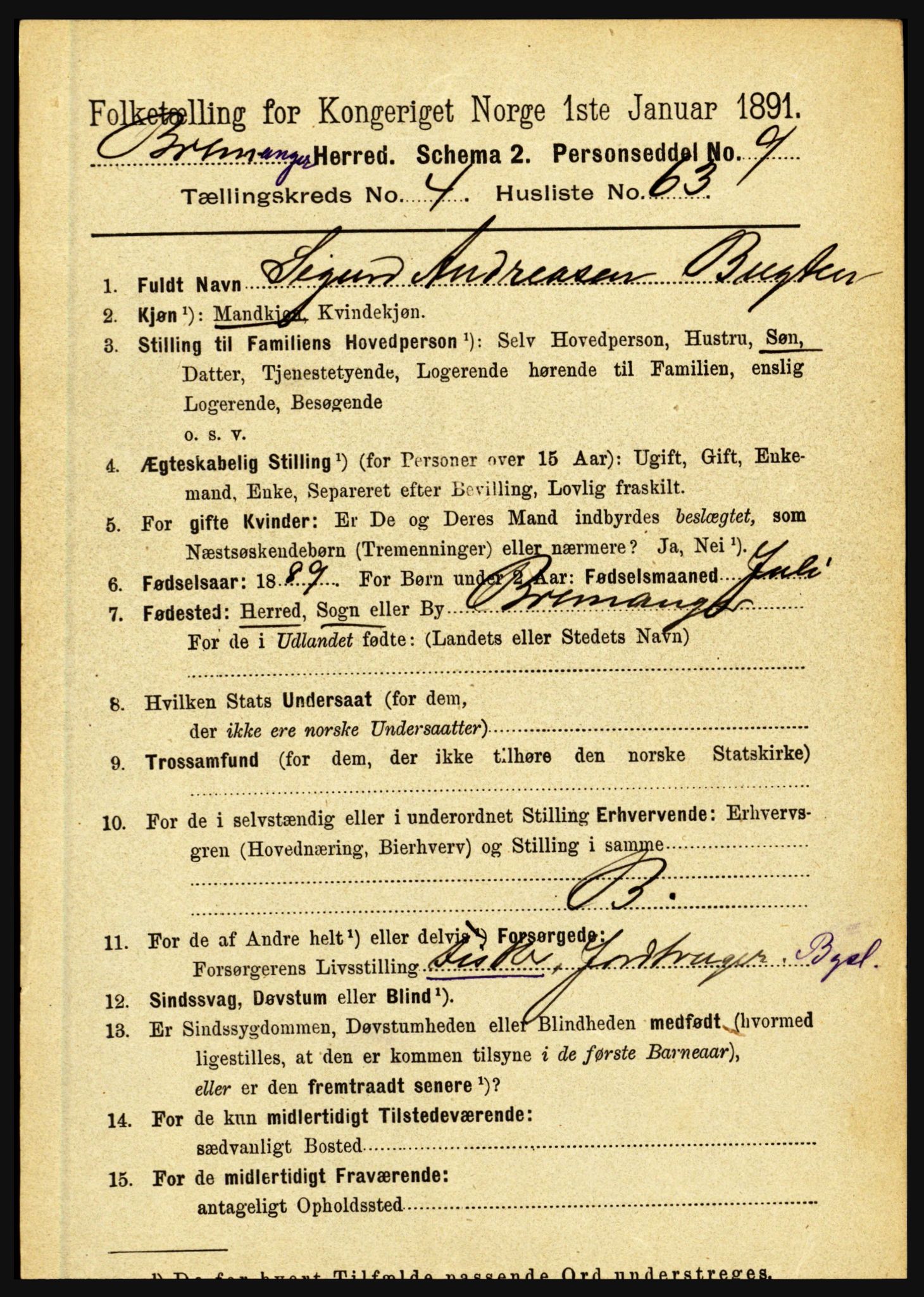 RA, 1891 census for 1438 Bremanger, 1891, p. 1906