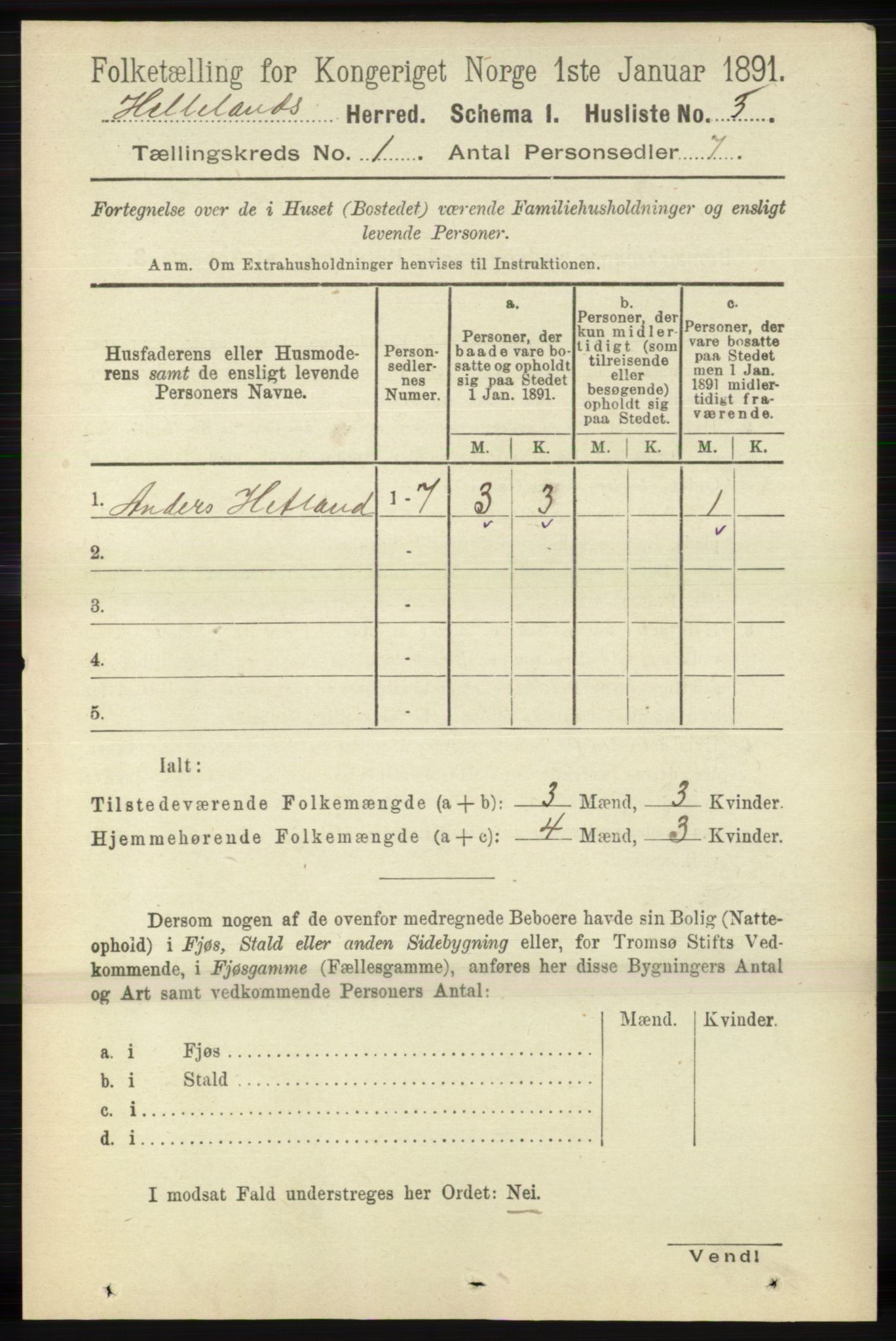 RA, 1891 census for 1115 Helleland, 1891, p. 16