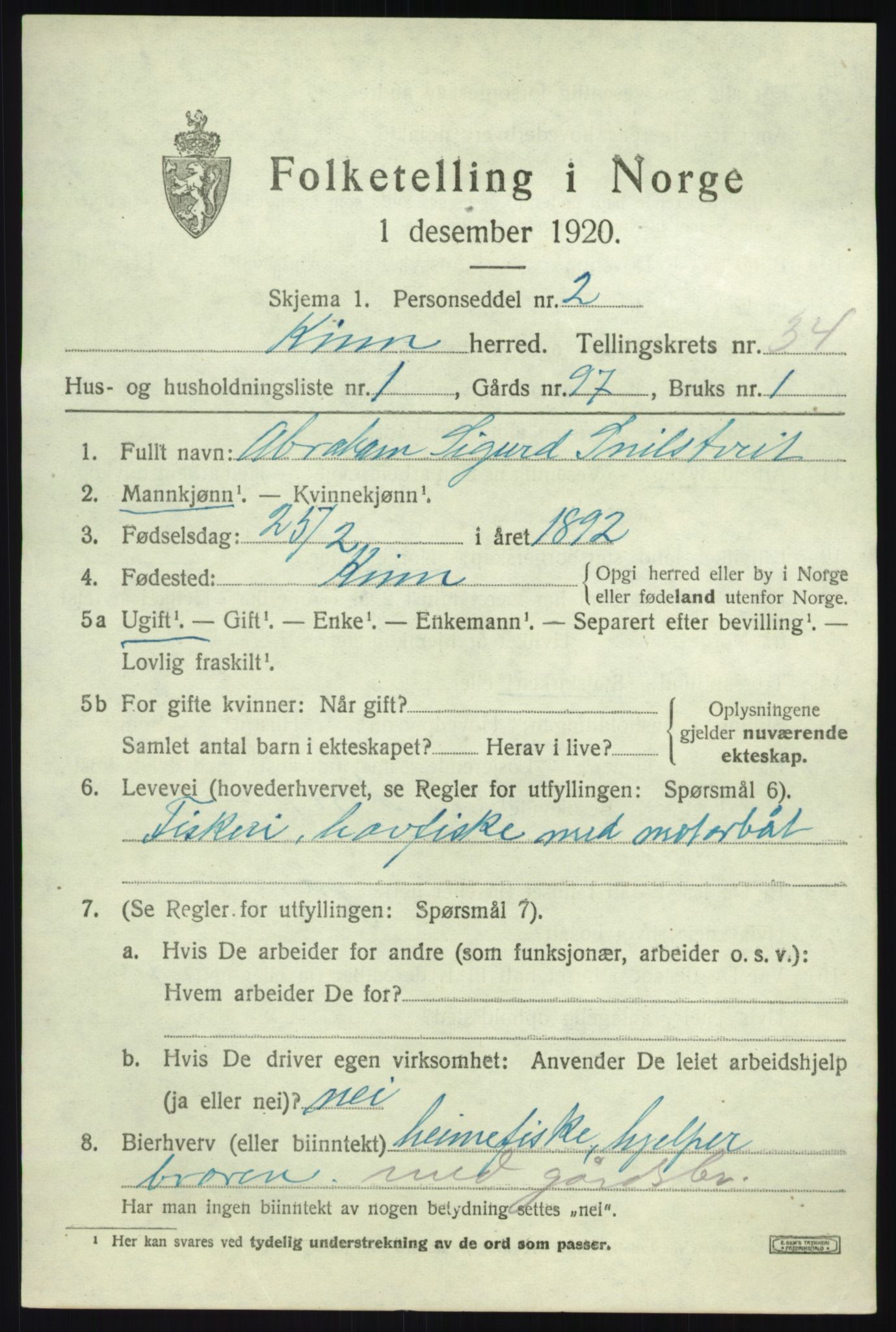 SAB, 1920 census for Kinn, 1920, p. 11137