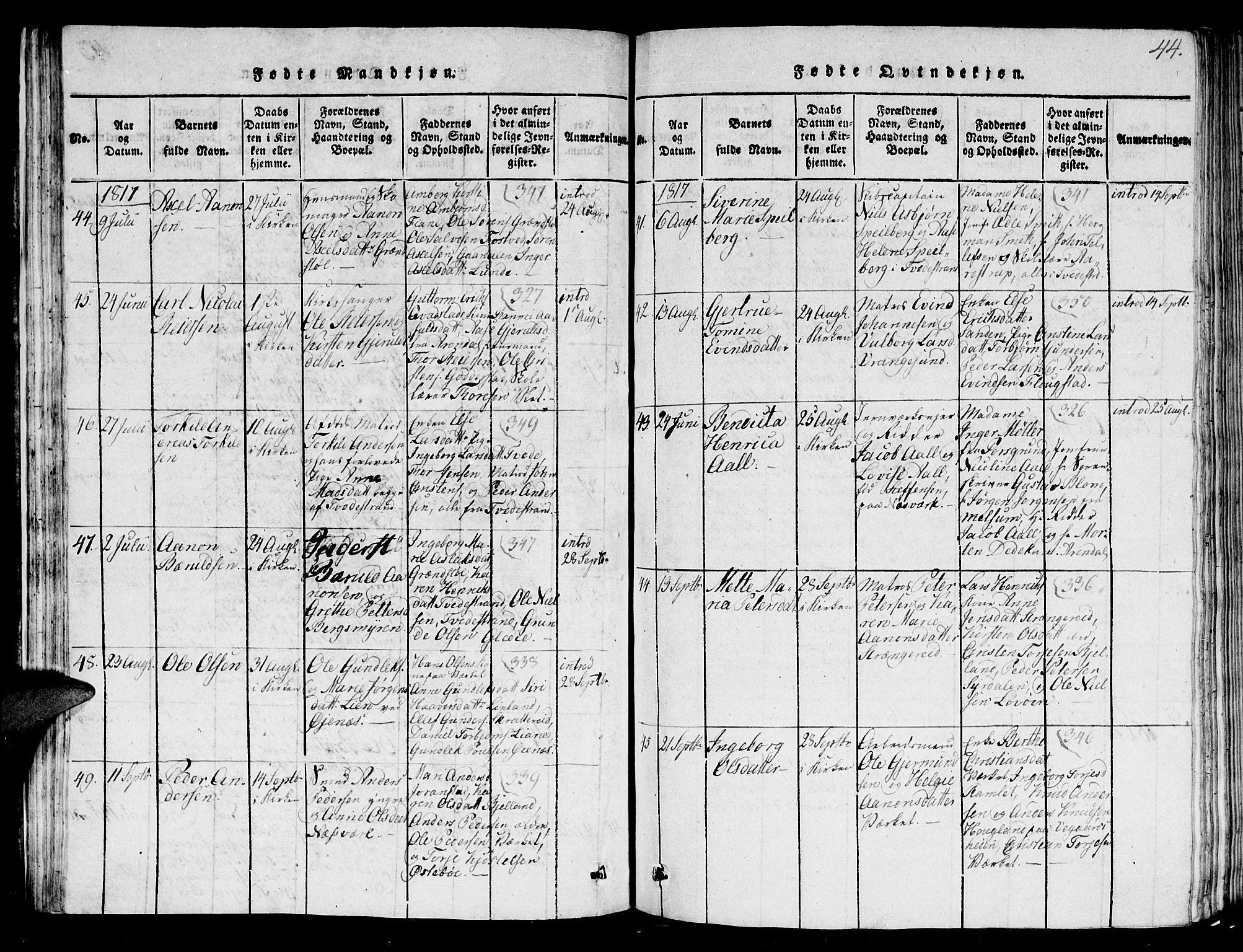 Holt sokneprestkontor, SAK/1111-0021/F/Fb/L0006: Parish register (copy) no. B 6, 1813-1823, p. 44