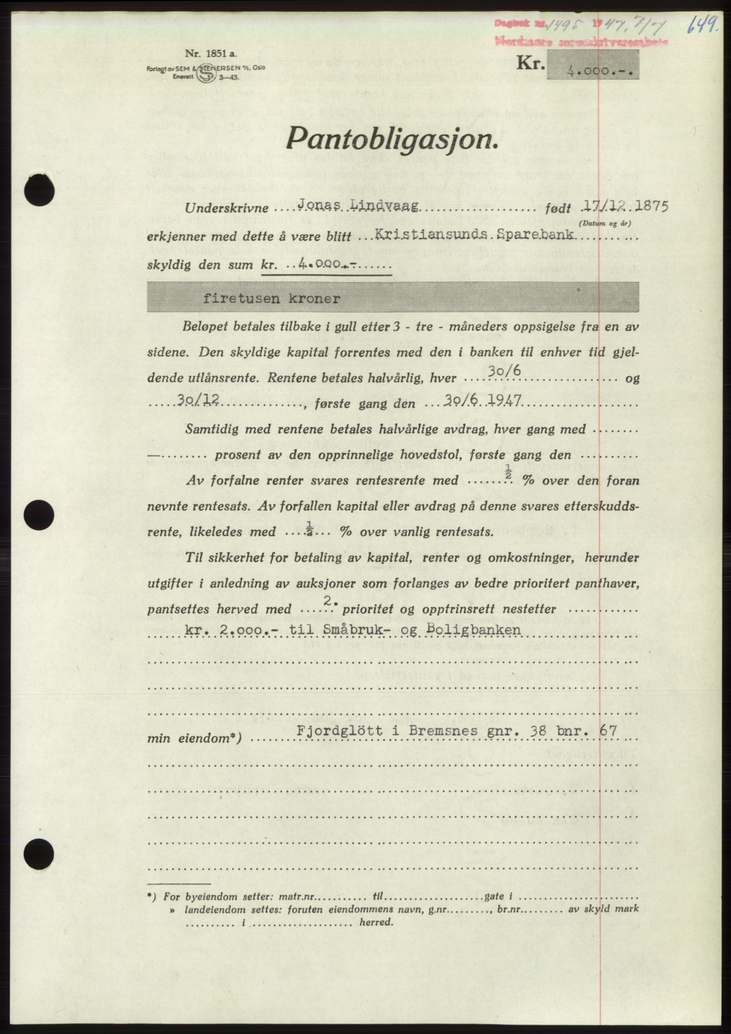 Nordmøre sorenskriveri, AV/SAT-A-4132/1/2/2Ca: Mortgage book no. B96, 1947-1947, Diary no: : 1495/1947