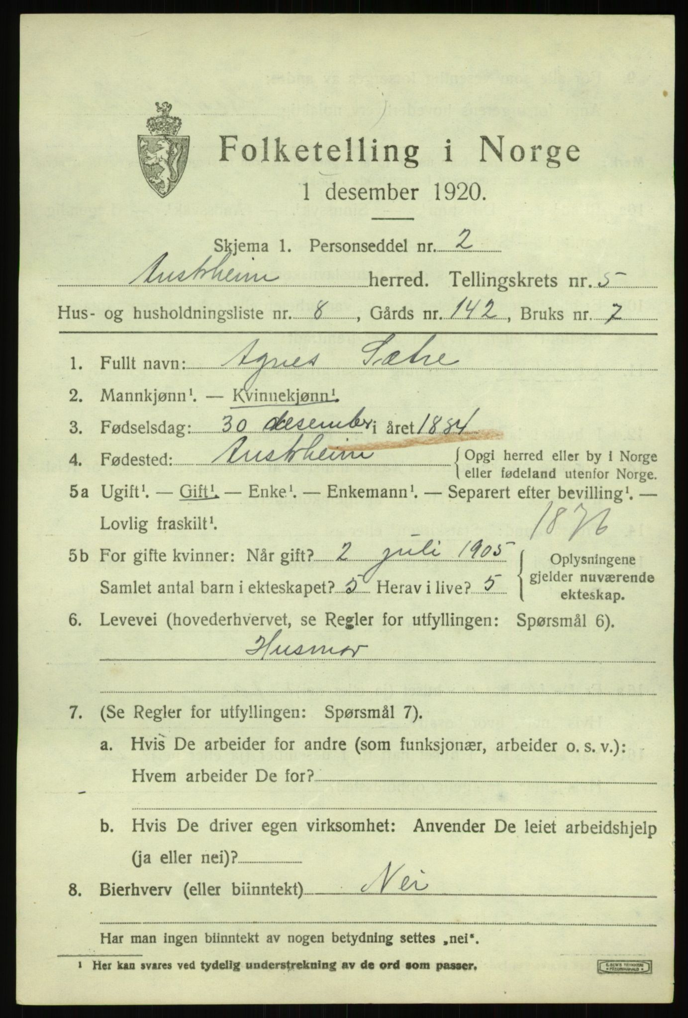 SAB, 1920 census for Austrheim, 1920, p. 2146