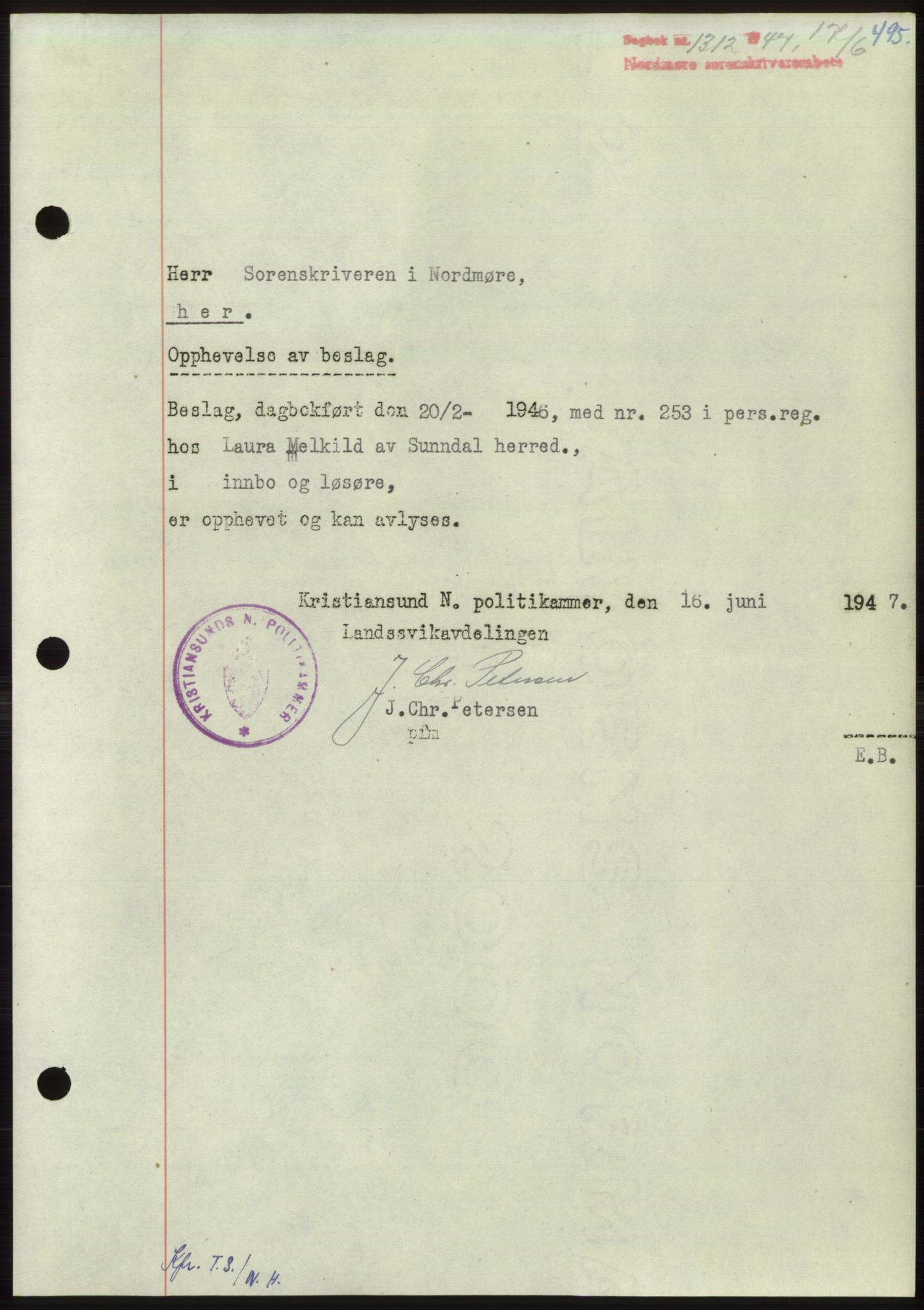 Nordmøre sorenskriveri, AV/SAT-A-4132/1/2/2Ca: Mortgage book no. B96, 1947-1947, Diary no: : 1312/1947