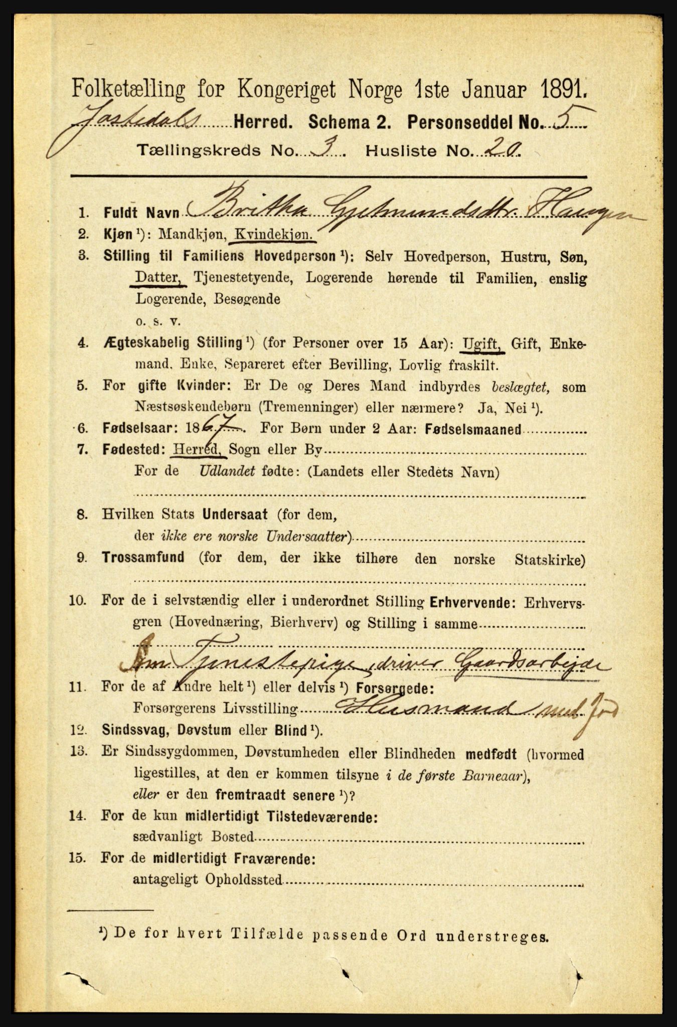 RA, 1891 census for 1427 Jostedal, 1891, p. 1042