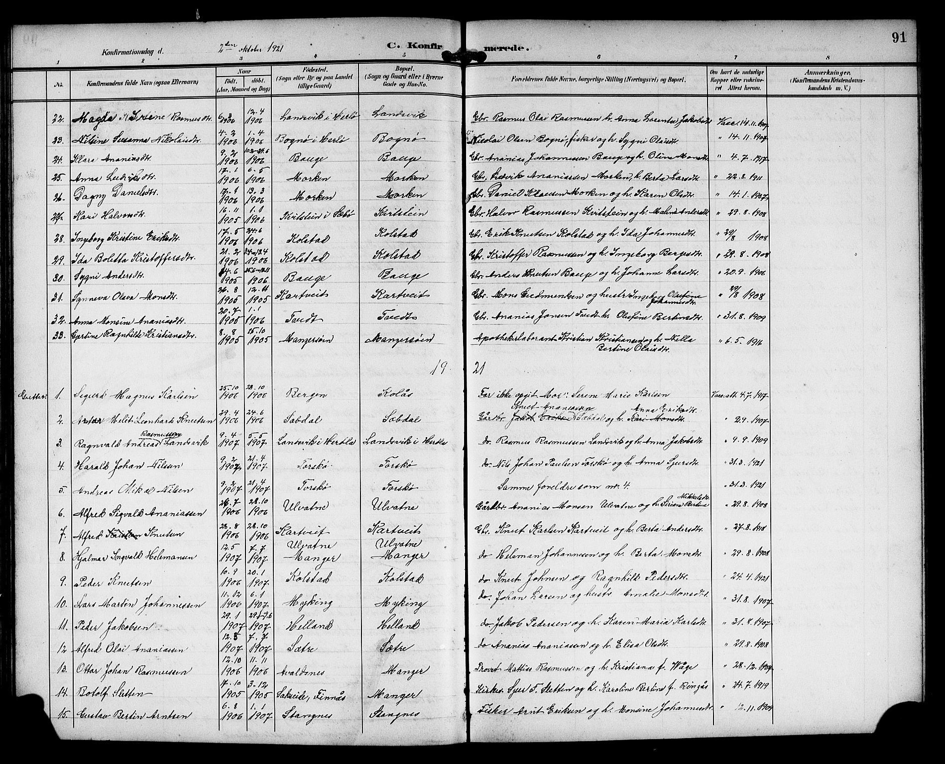 Manger sokneprestembete, SAB/A-76801/H/Hab: Parish register (copy) no. A 2, 1902-1923, p. 91