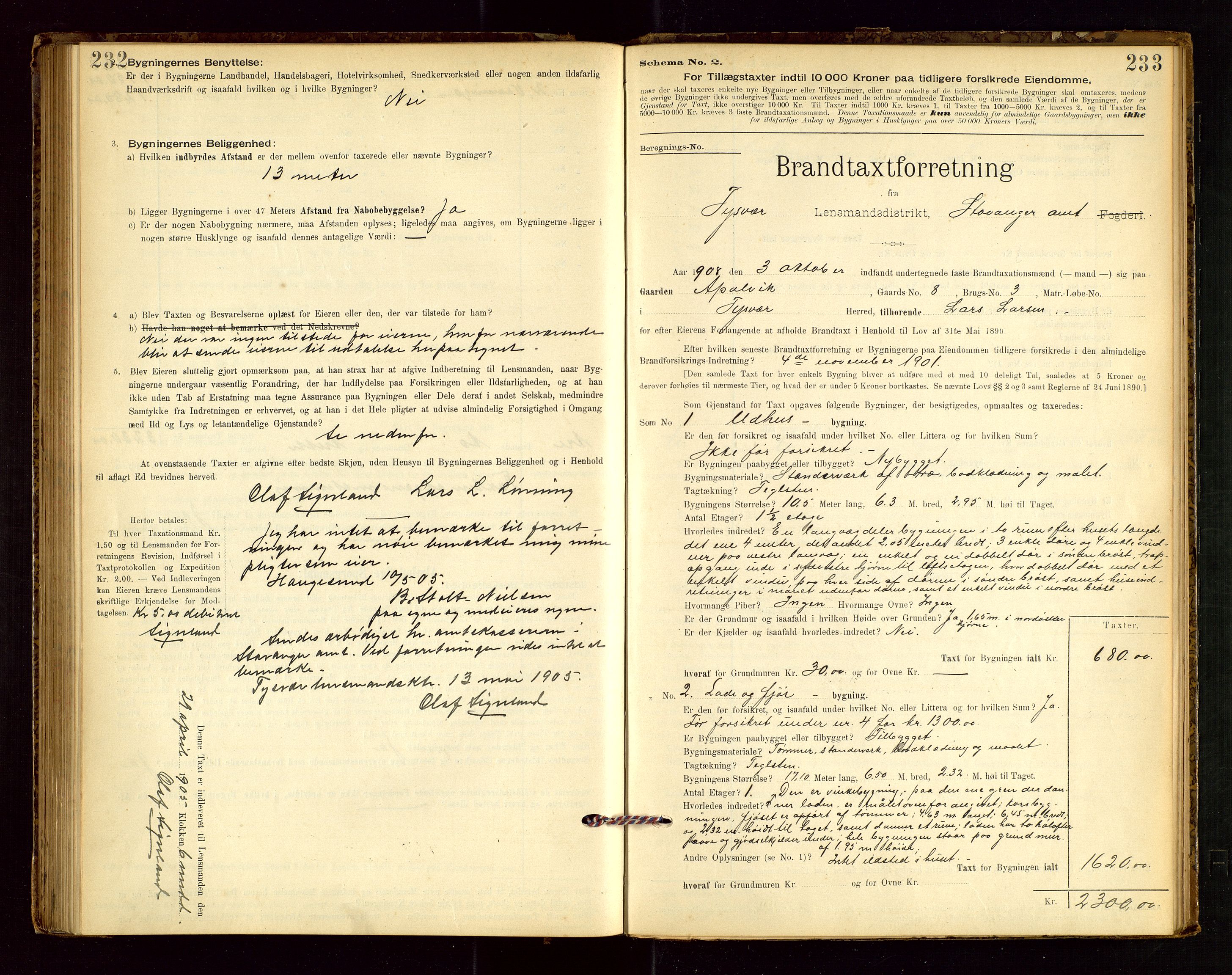 Tysvær lensmannskontor, AV/SAST-A-100192/Gob/L0001: "Brandtaxationsprotokol for Tysvær Lensmandsdistrikt Ryfylke Fogderi", 1894-1916, p. 232-233